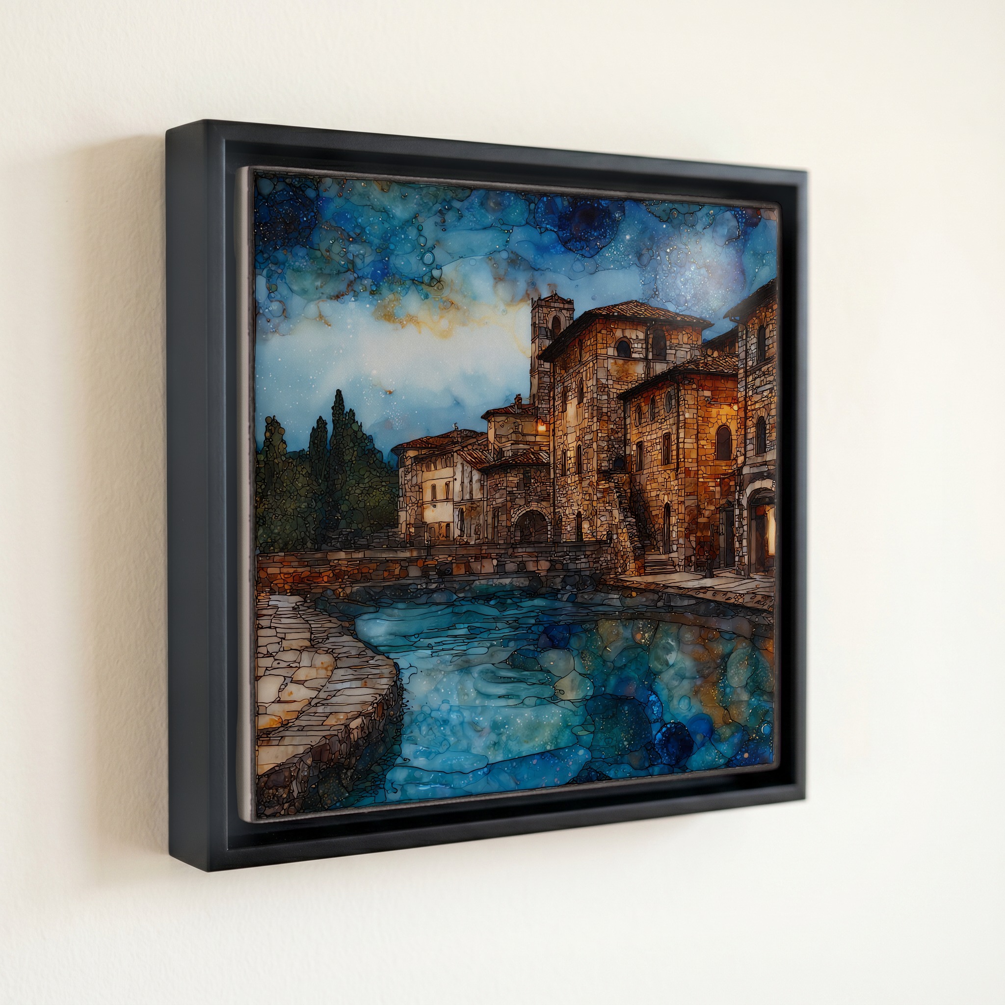 shown in a slim black floating frame · 6 × 6 in