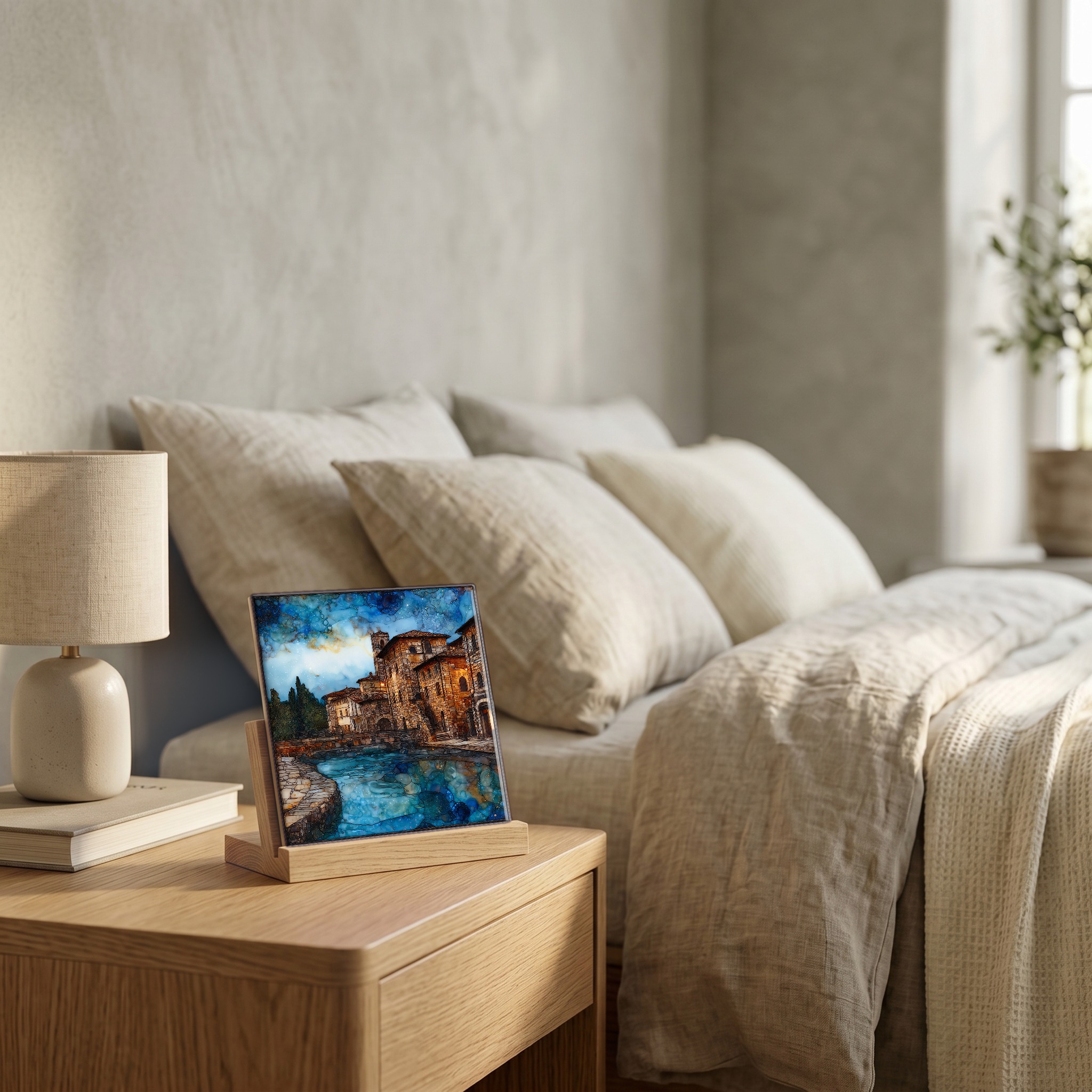 On the nightstand, on a light oak stand.