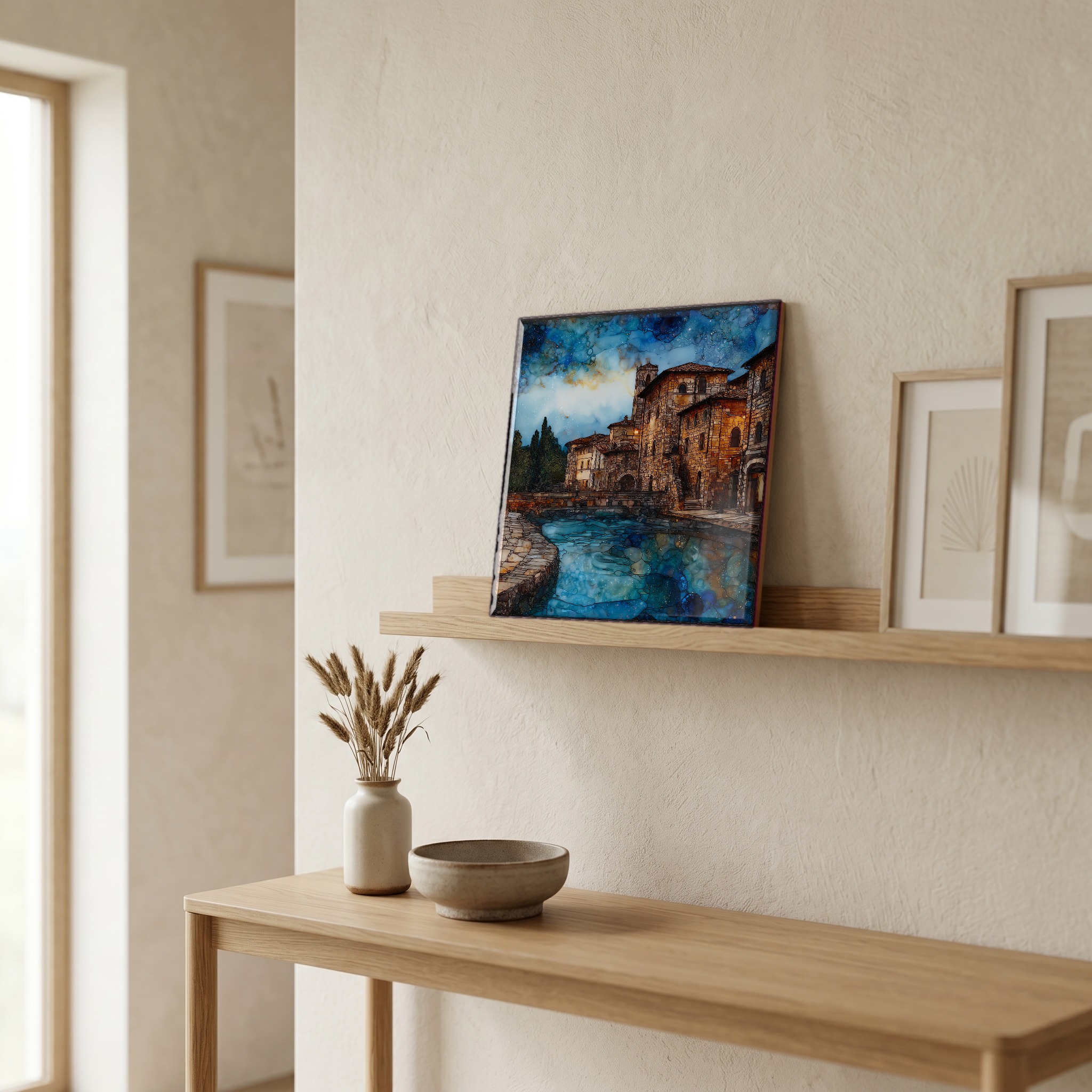 On a picture ledge, where the light comes in.
