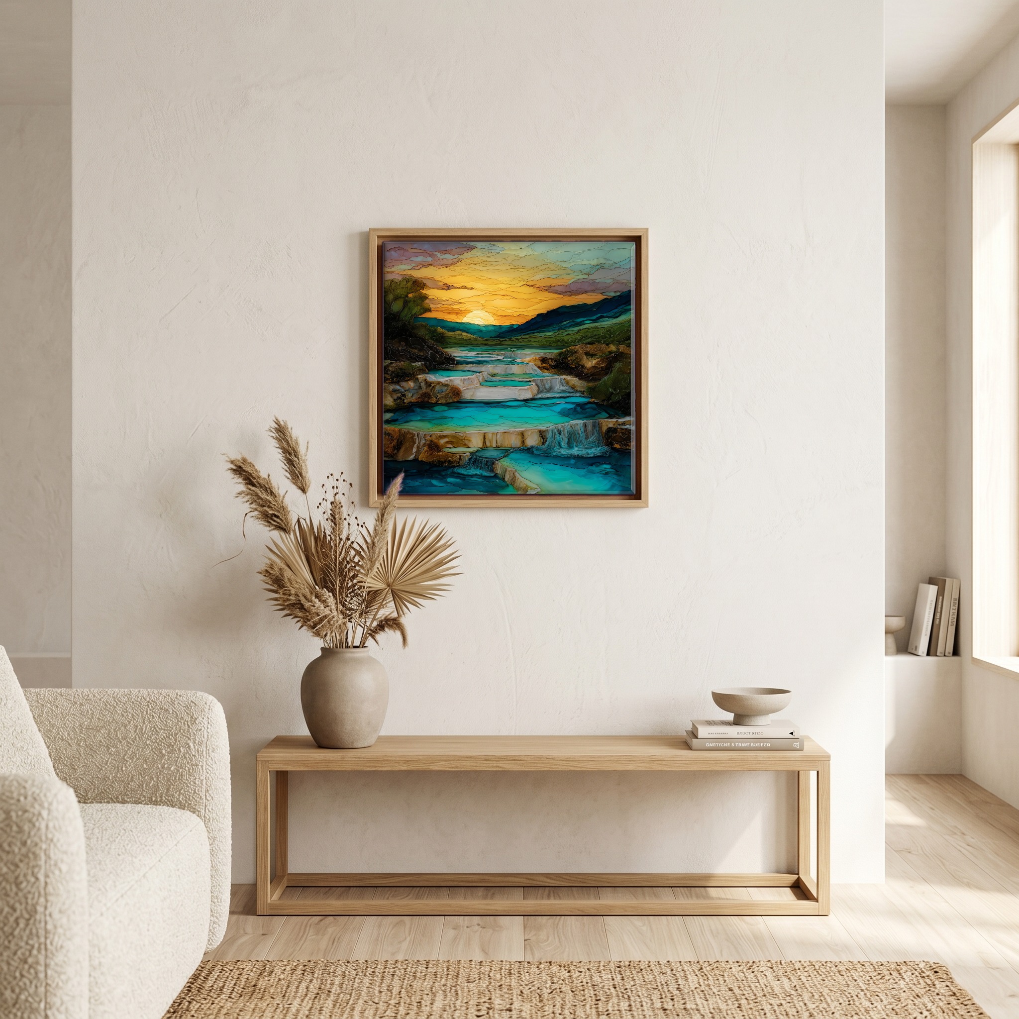 Above the bench, in a warm oak surround.