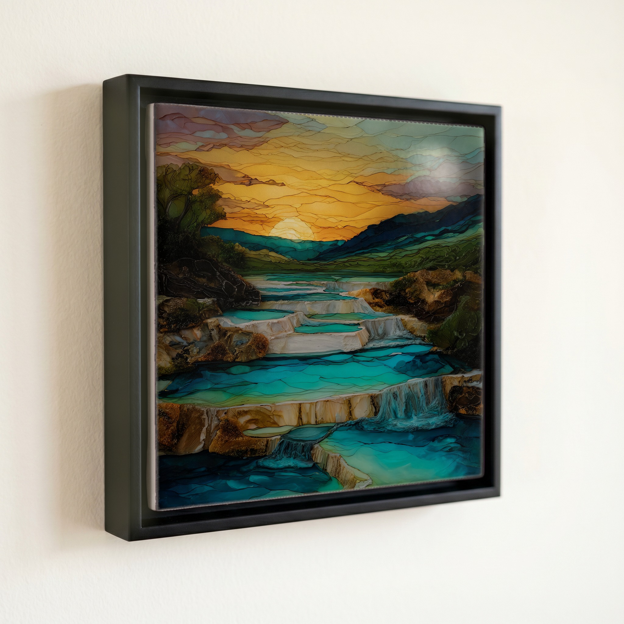 shown in a slim black floating frame · 6 × 6 in