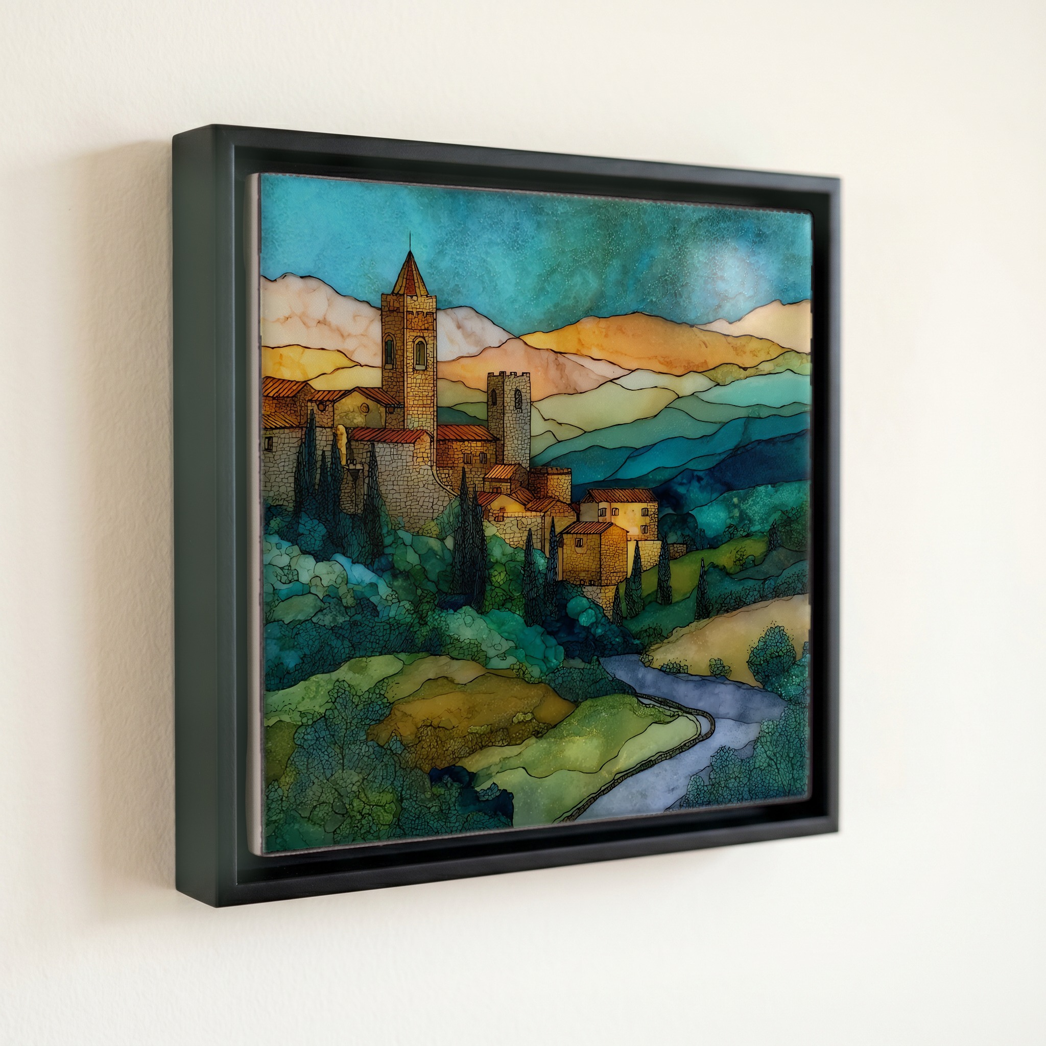 shown in a slim black floating frame · 6 × 6 in