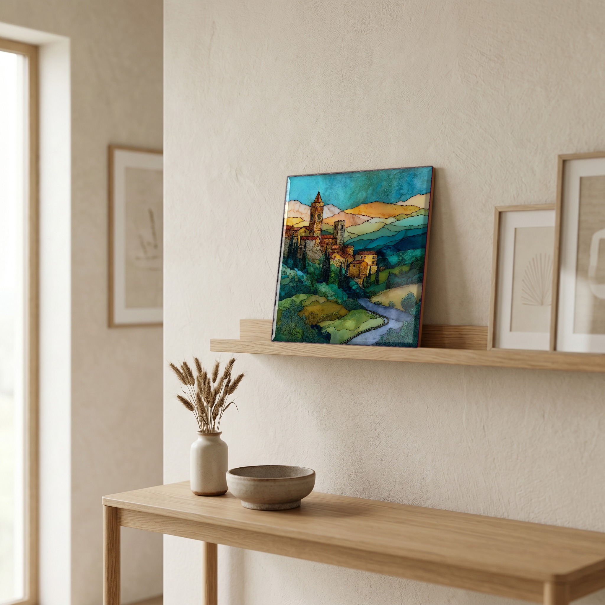 On a picture ledge, where the light comes in.