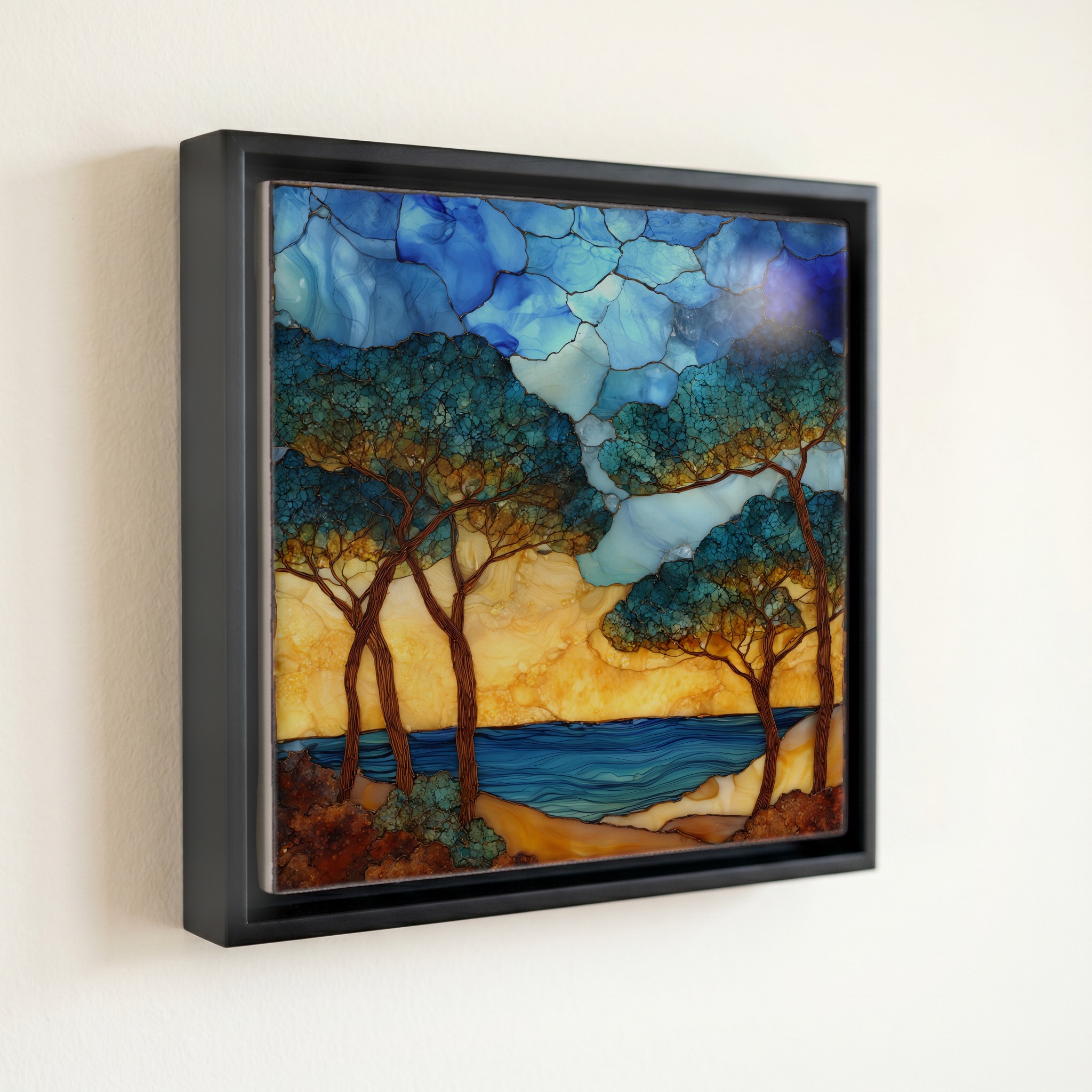 shown in a slim black floating frame · 6 × 6 in