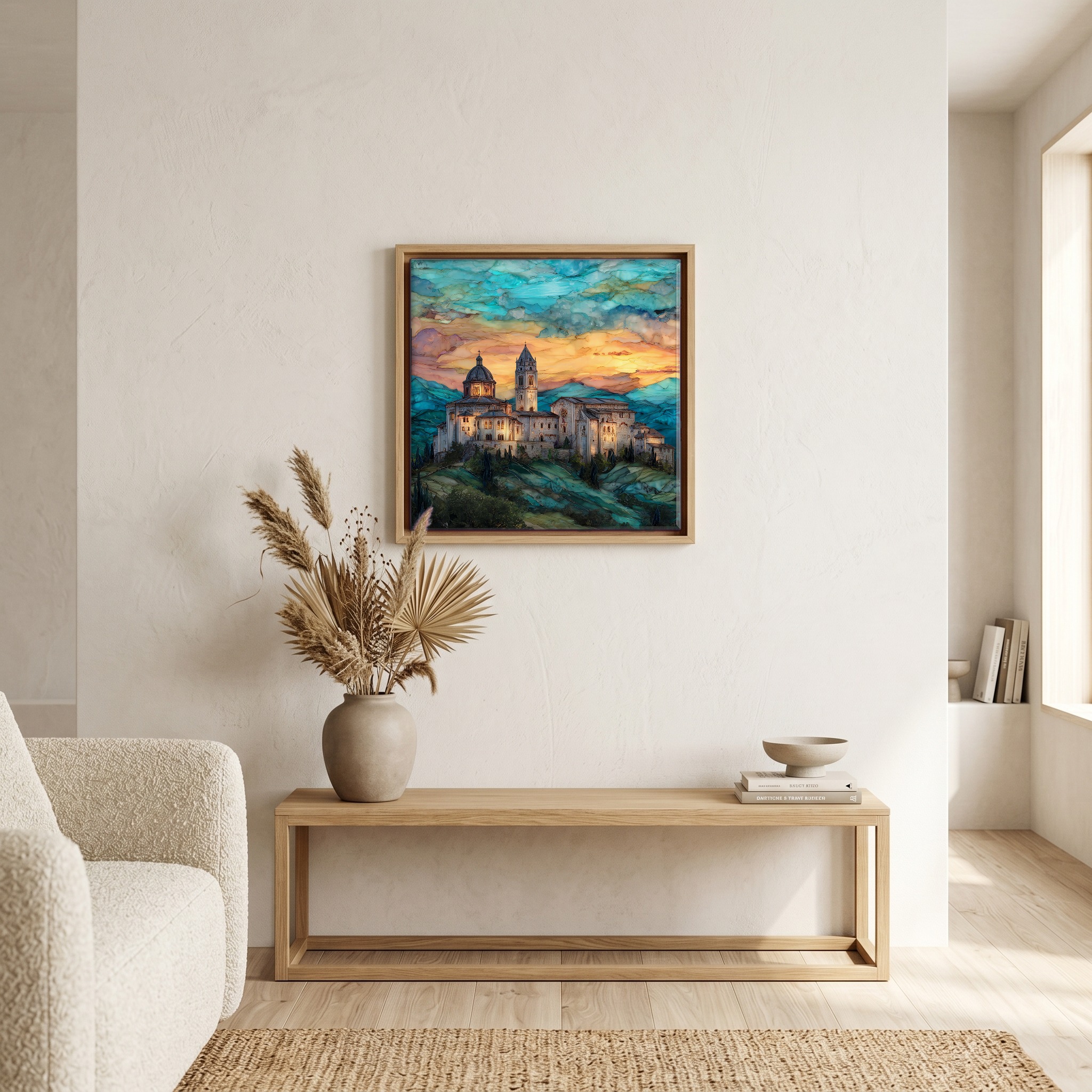 Above the bench, in a warm oak surround.