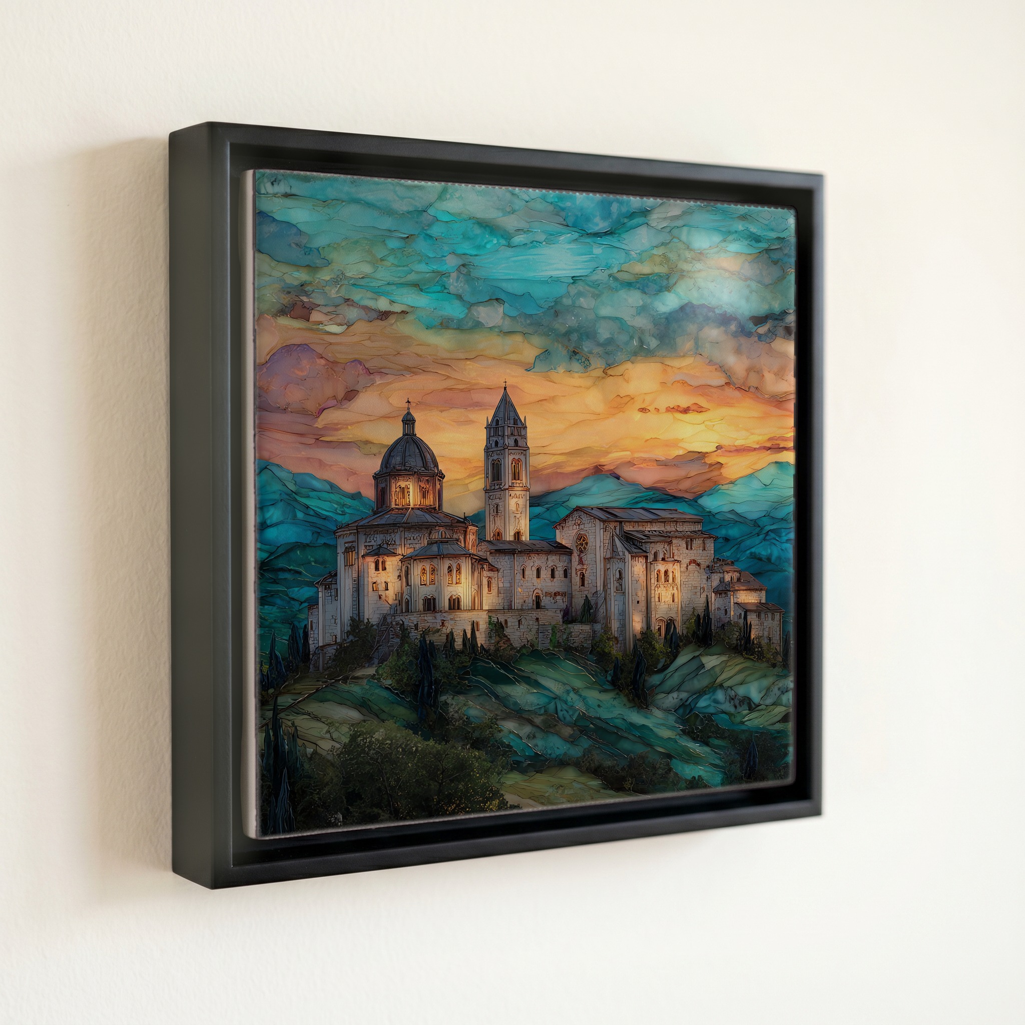 shown in a slim black floating frame · 6 × 6 in