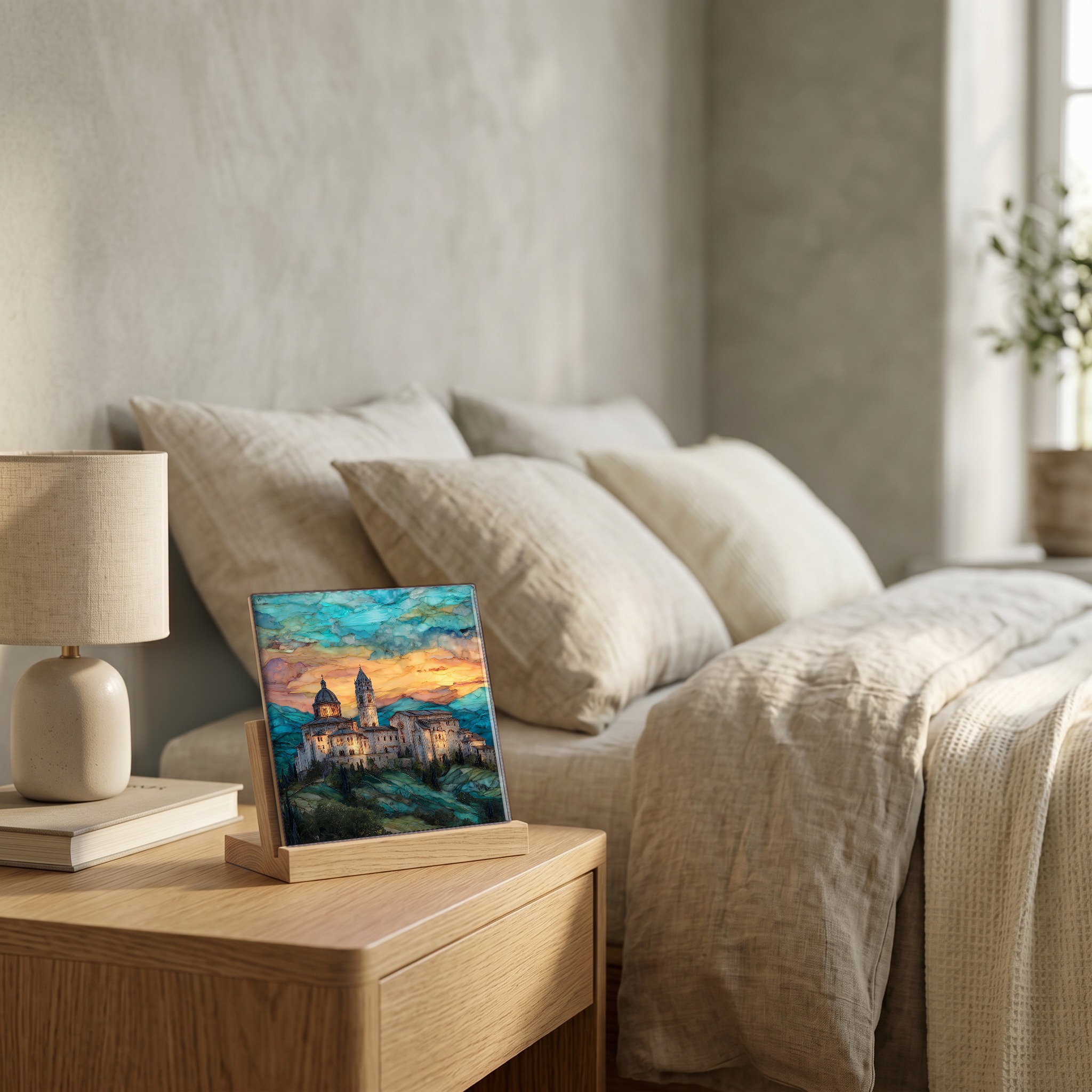On the nightstand, on a light oak stand.