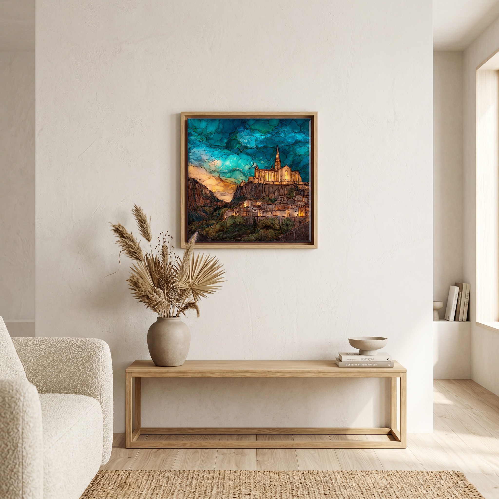 Above the bench, in a warm oak surround.