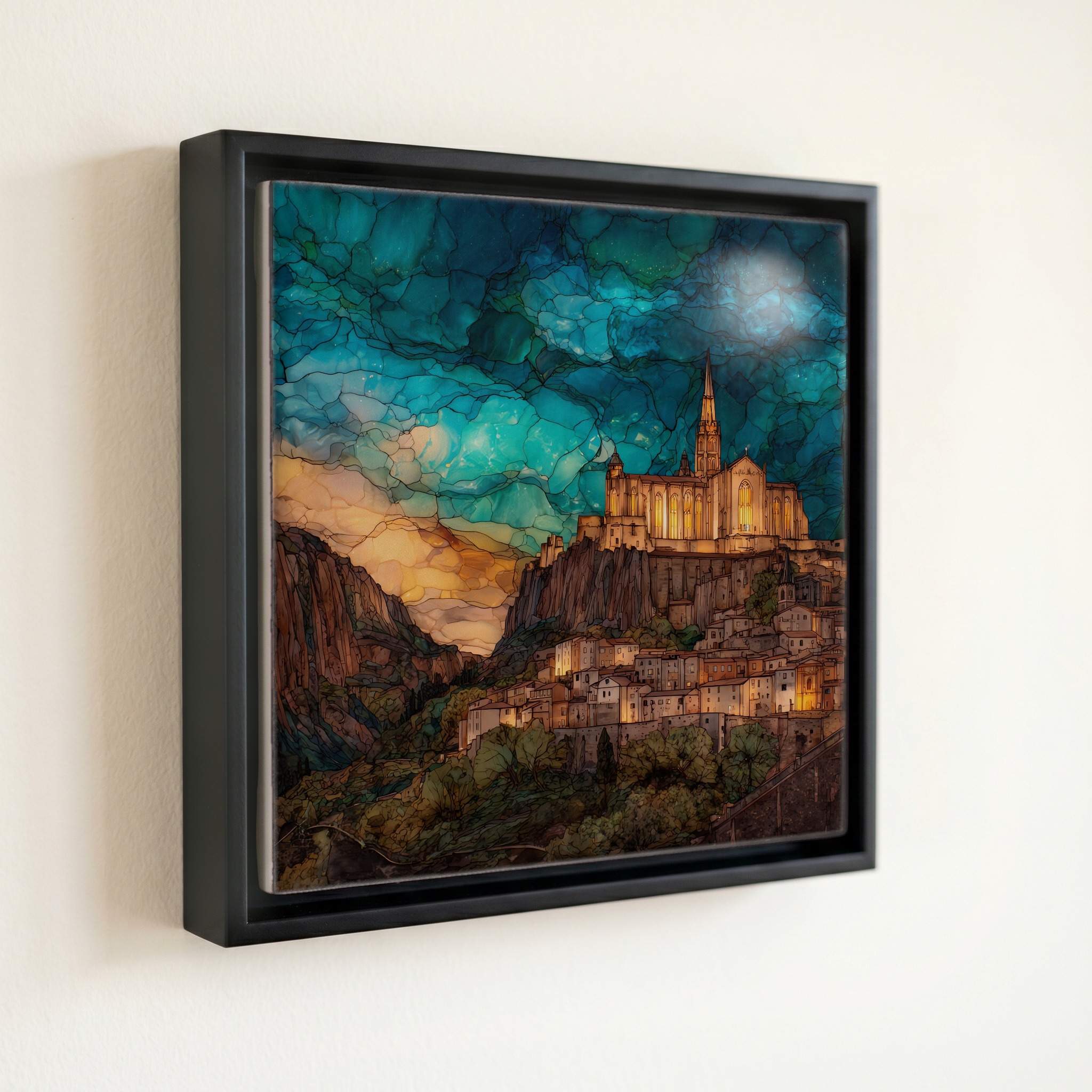 shown in a slim black floating frame · 6 × 6 in