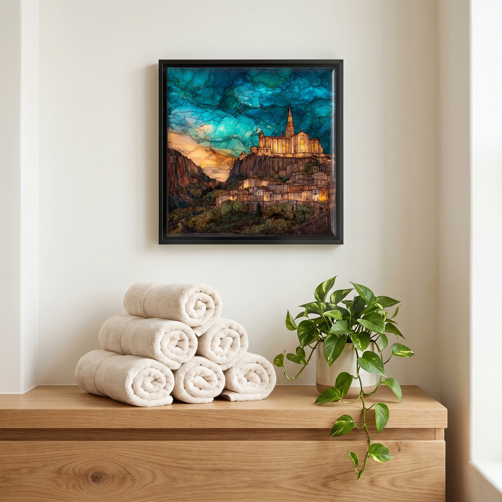 Above the linens, in a slim black surround.