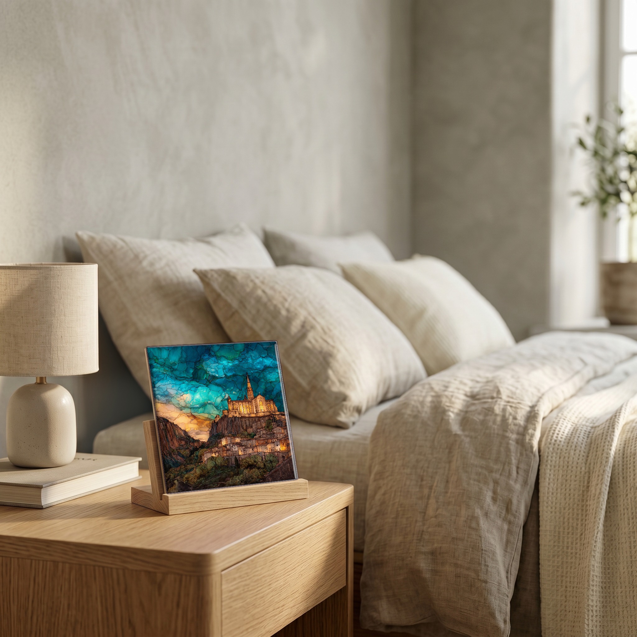 On the nightstand, on a light oak stand.