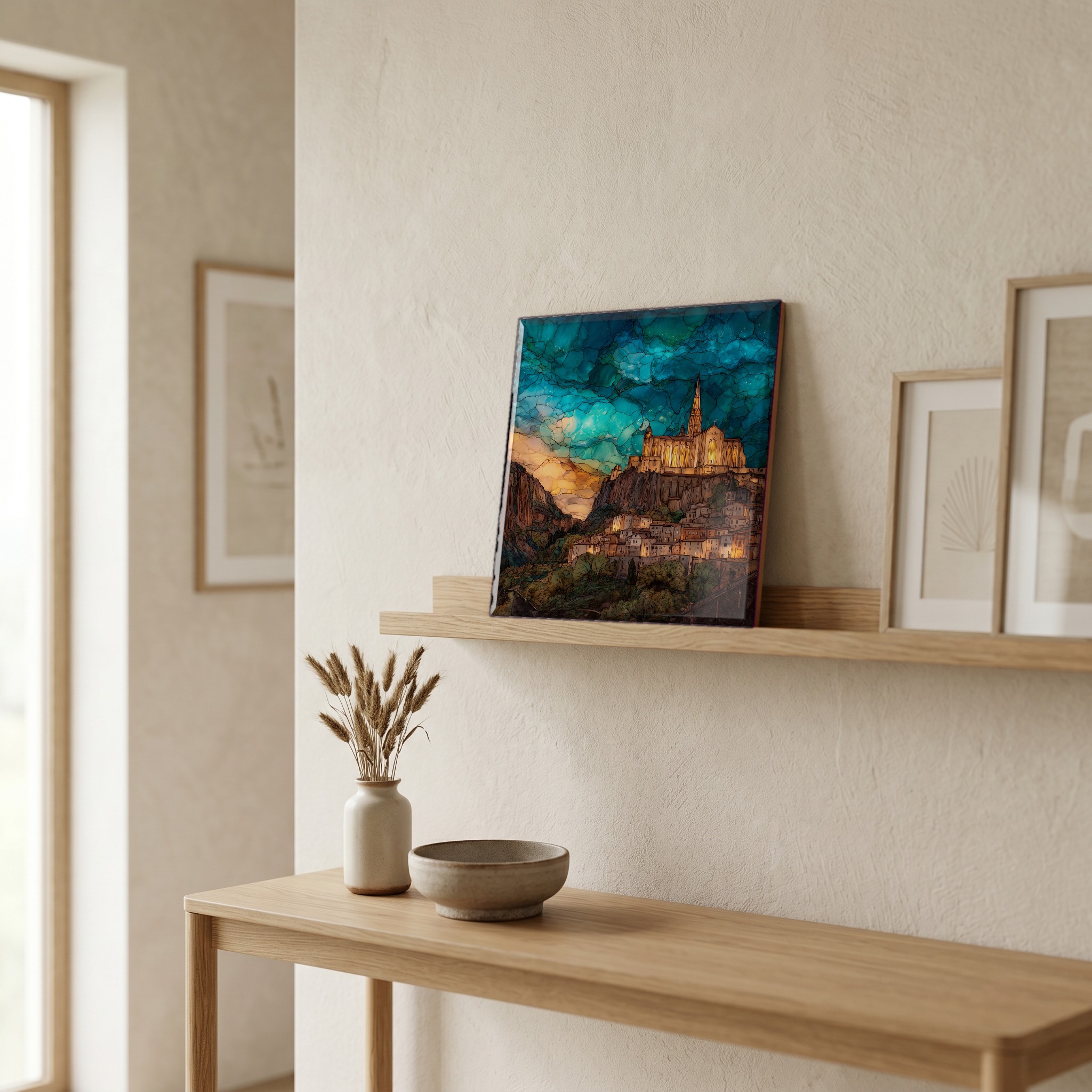 On a picture ledge, where the light comes in.