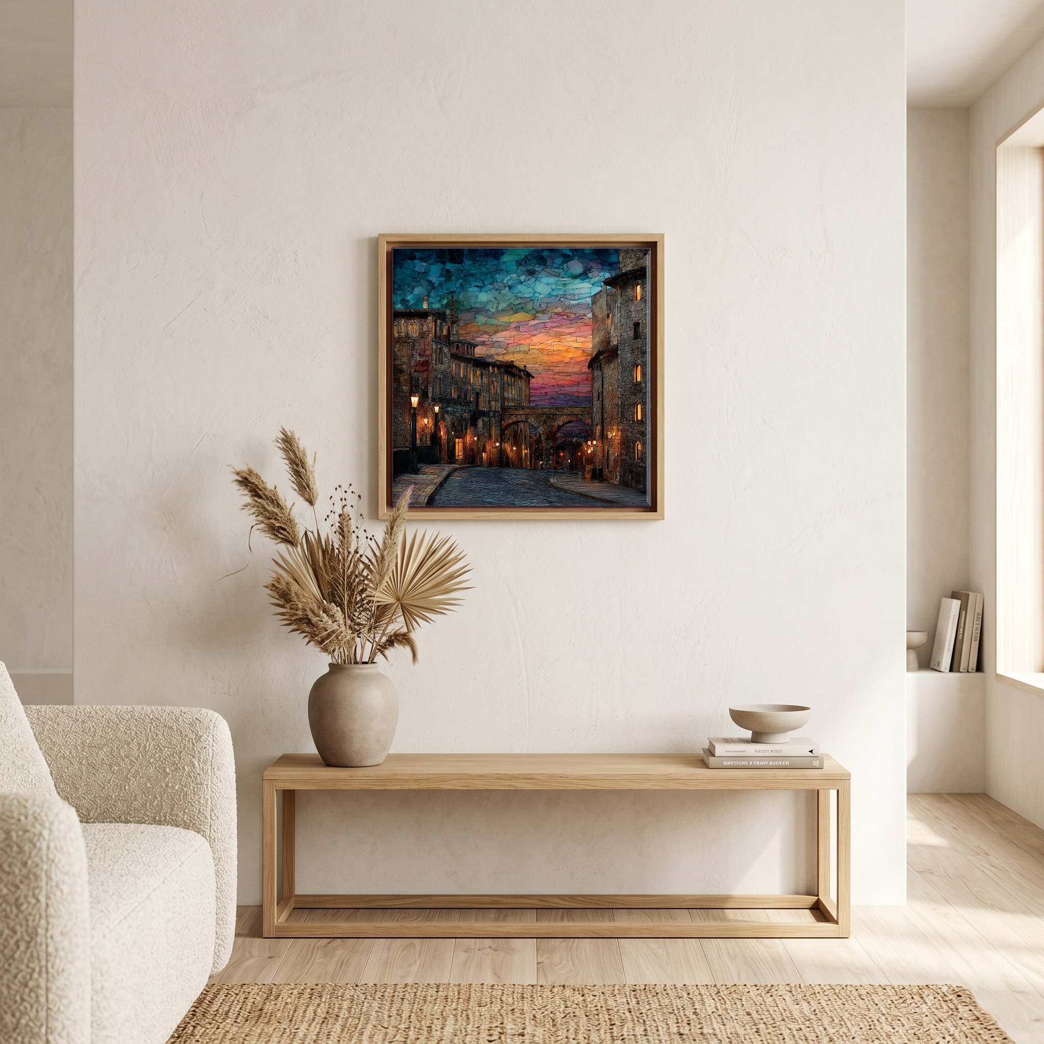 Above the bench, in a warm oak surround.