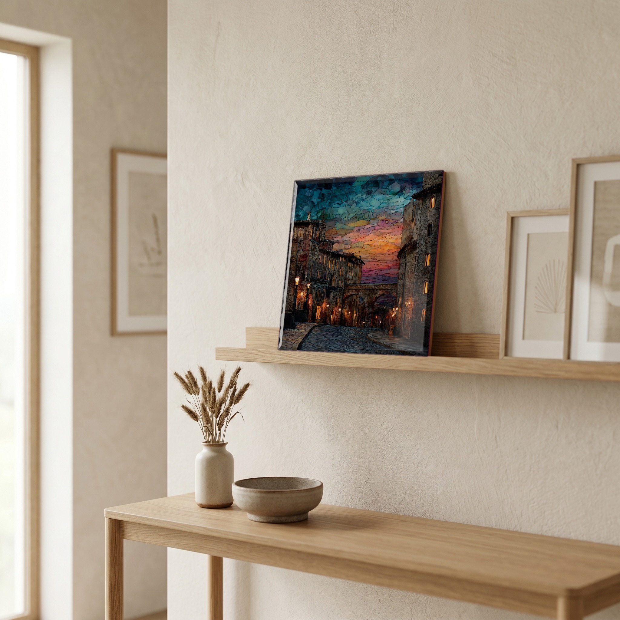On a picture ledge, where the light comes in.