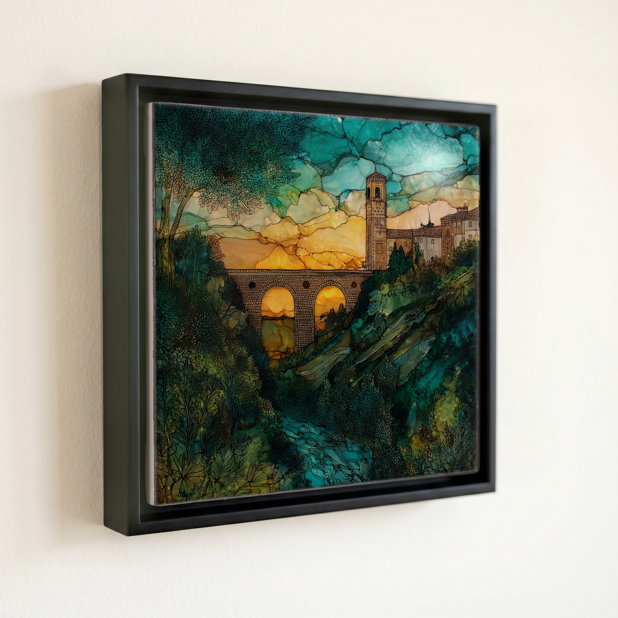 shown in a slim black floating frame · 6 × 6 in