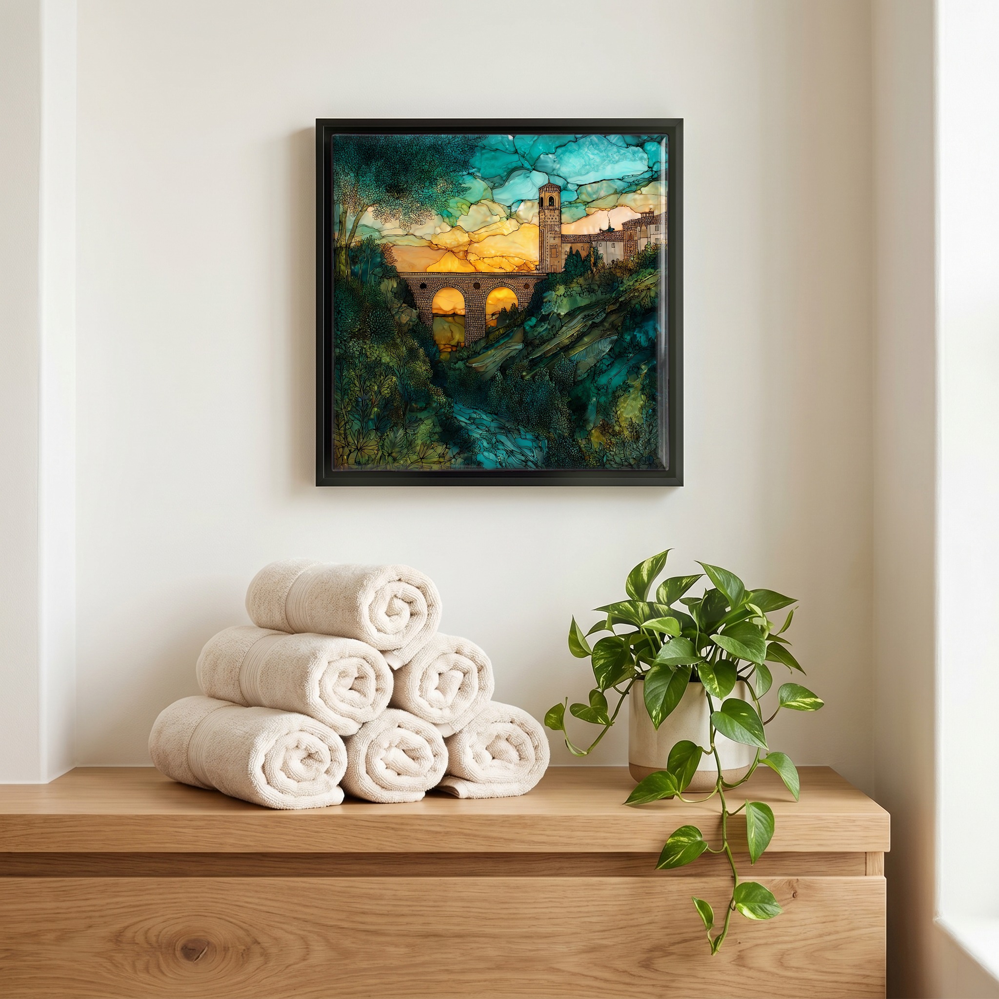 Above the linens, in a slim black surround.