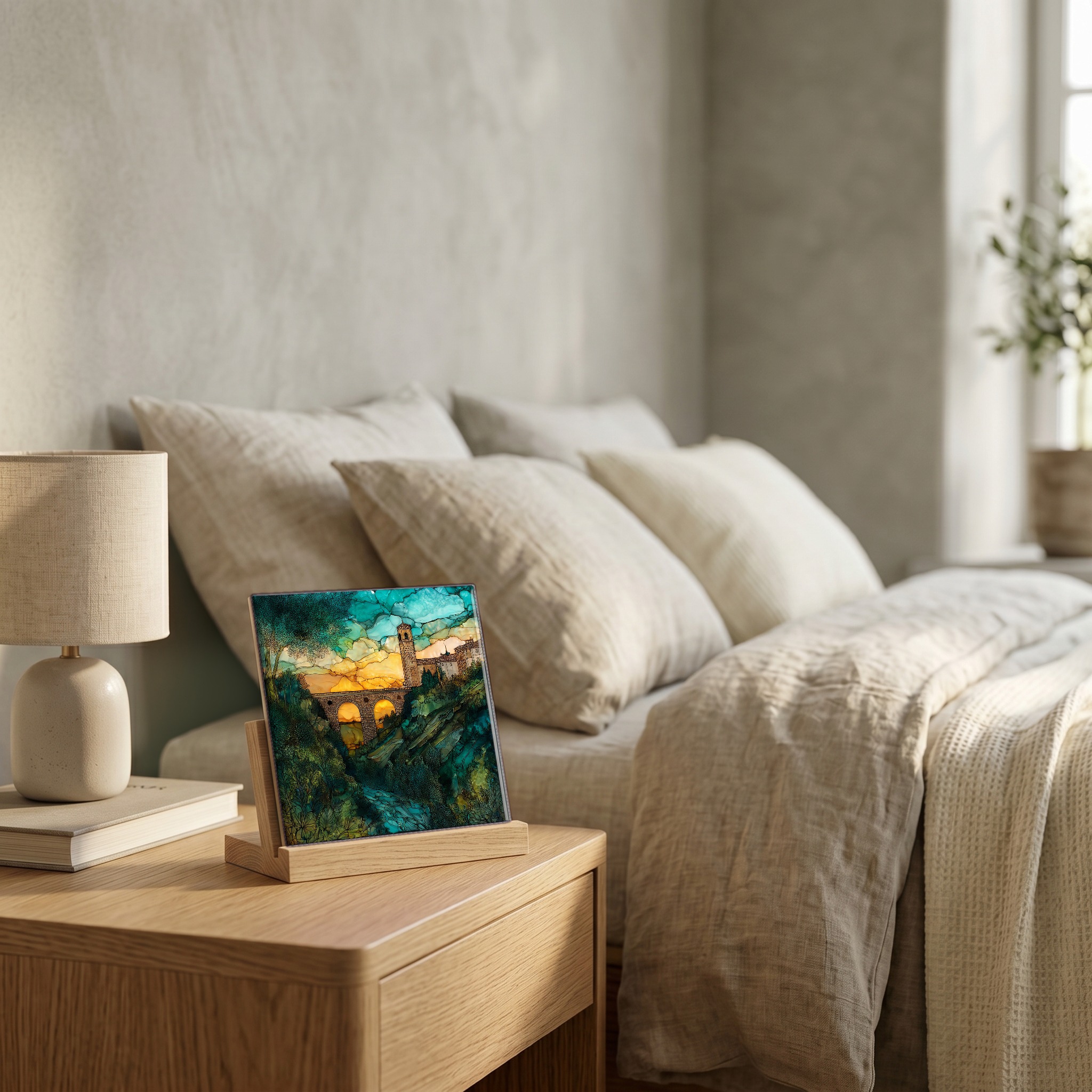 On the nightstand, on a light oak stand.