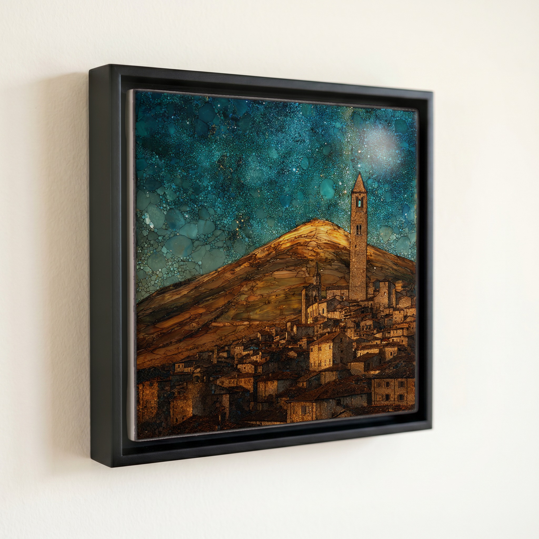 shown in a slim black floating frame · 6 × 6 in