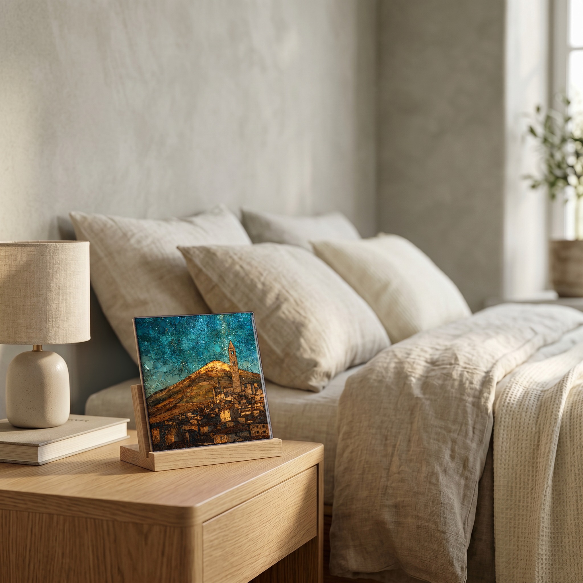 On the nightstand, on a light oak stand.
