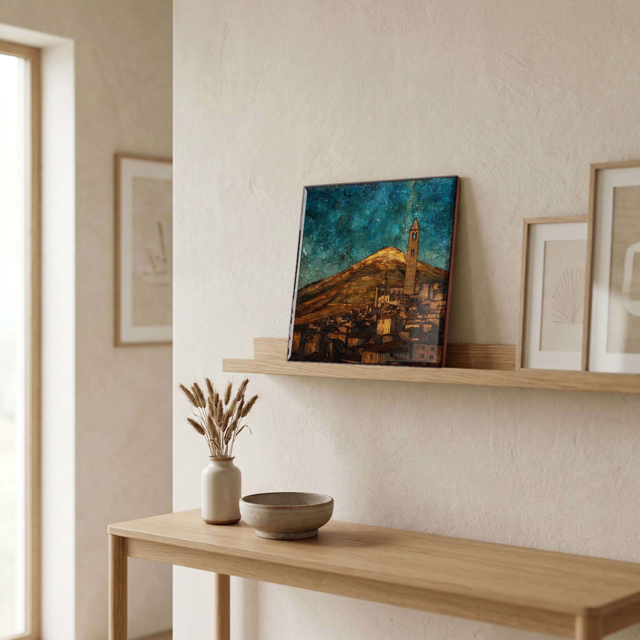 On a picture ledge, where the light comes in.
