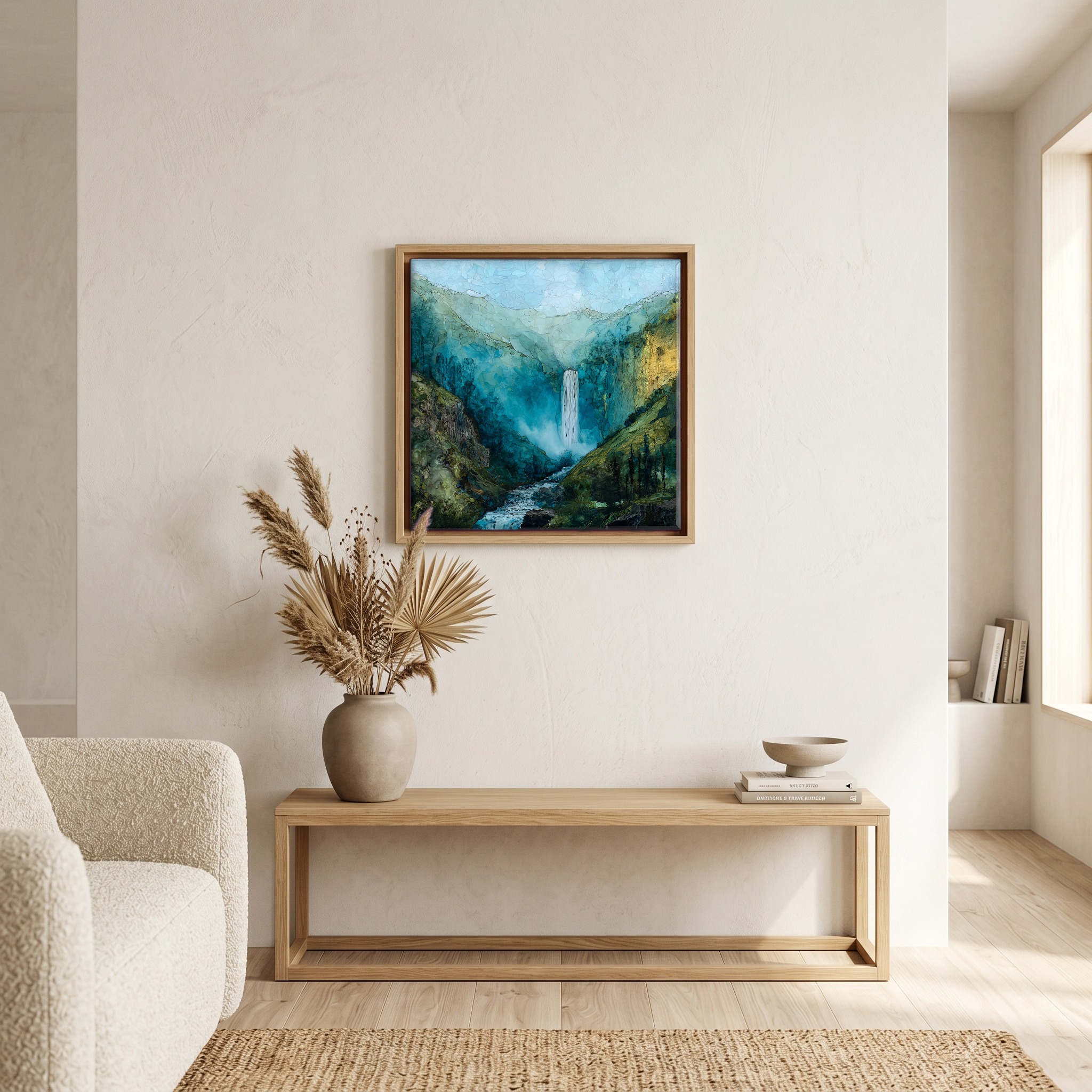 Above the bench, in a warm oak surround.