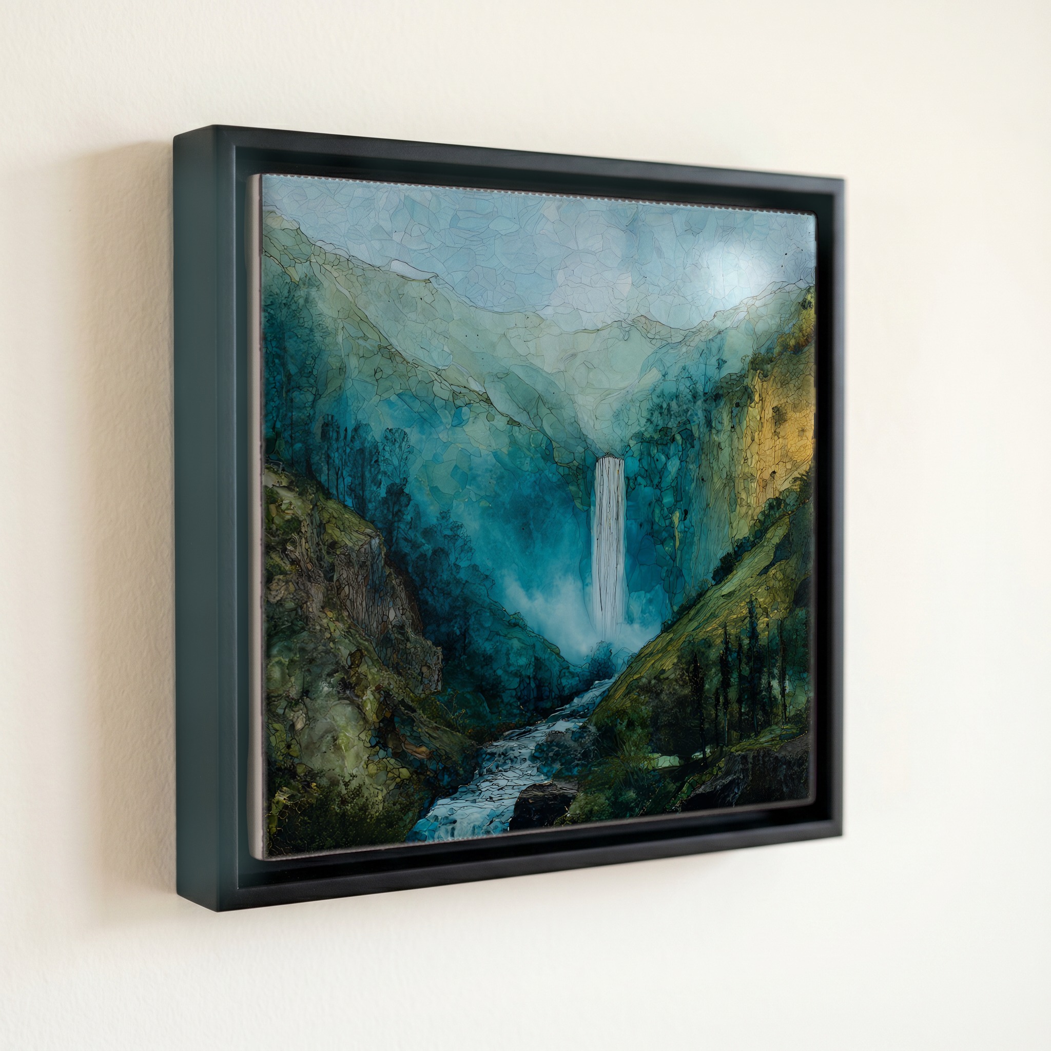 shown in a slim black floating frame · 6 × 6 in