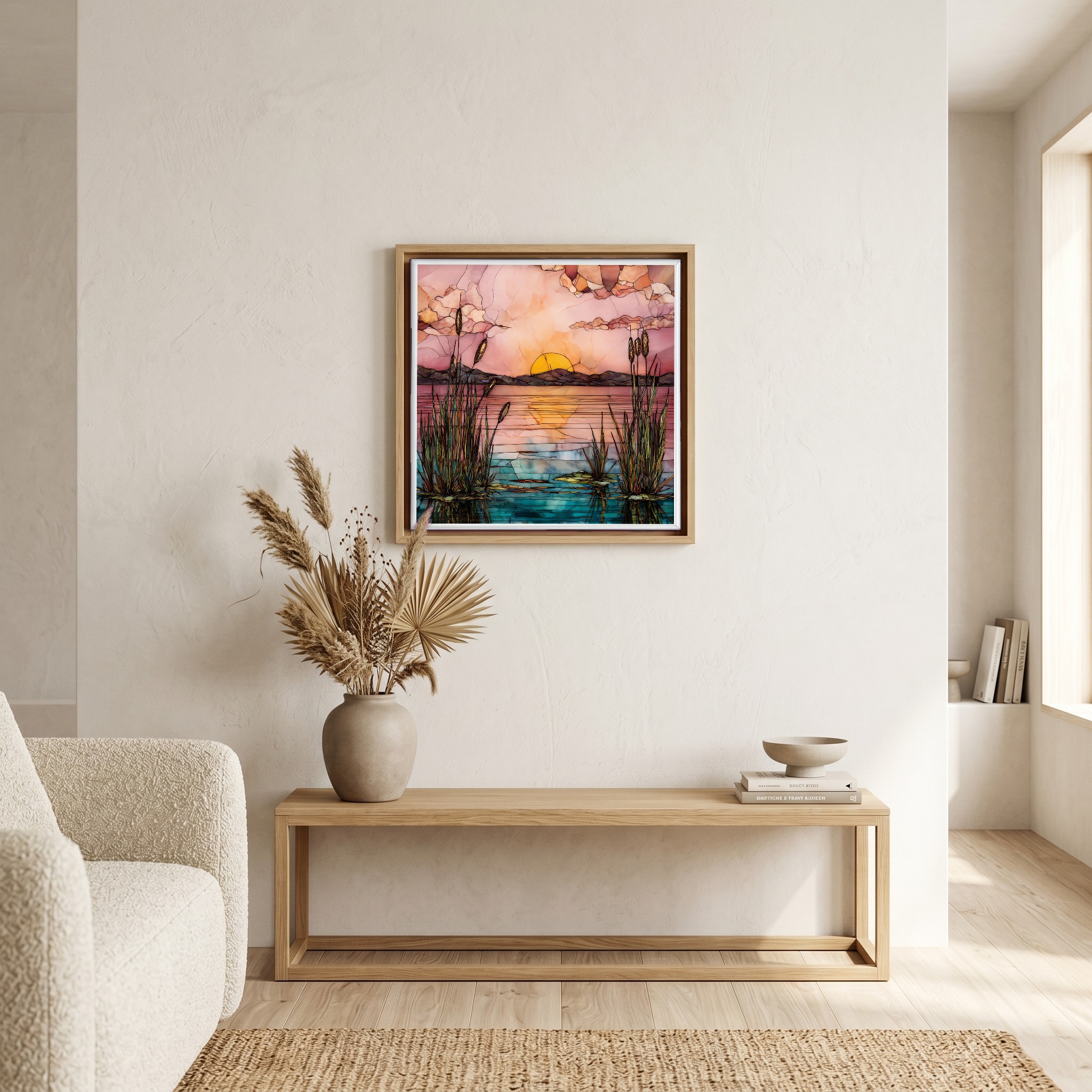 Above the bench, in a warm oak surround.
