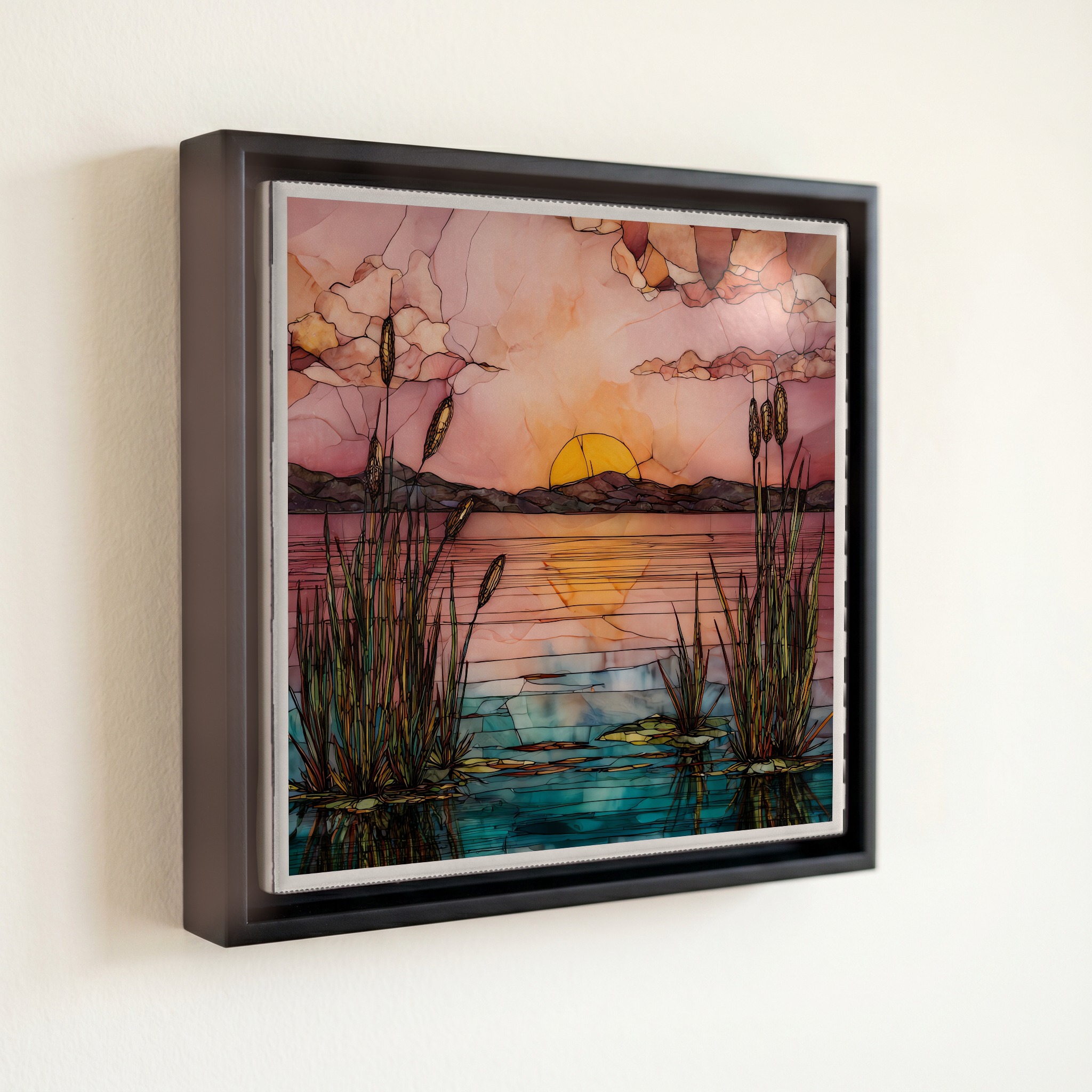 shown in a slim black floating frame · 6 × 6 in