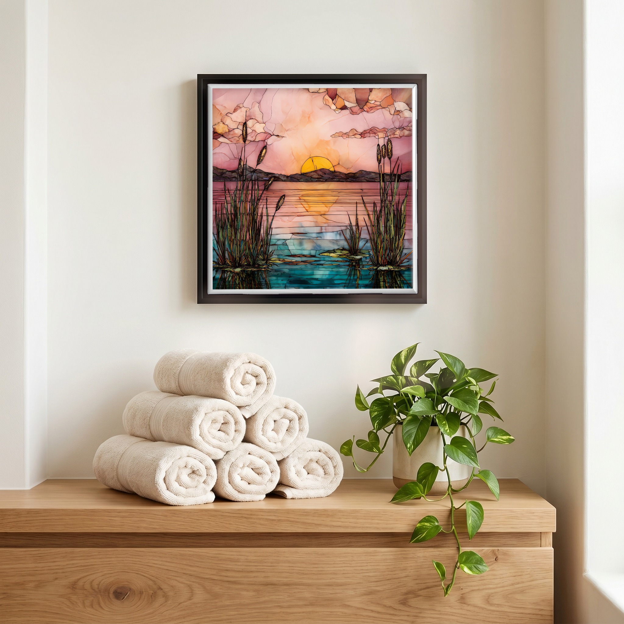 Above the linens, in a slim black surround.