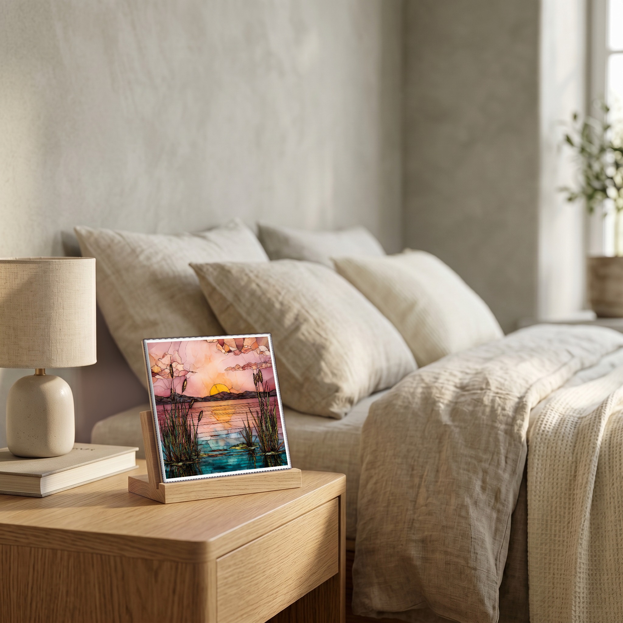 On the nightstand, on a light oak stand.