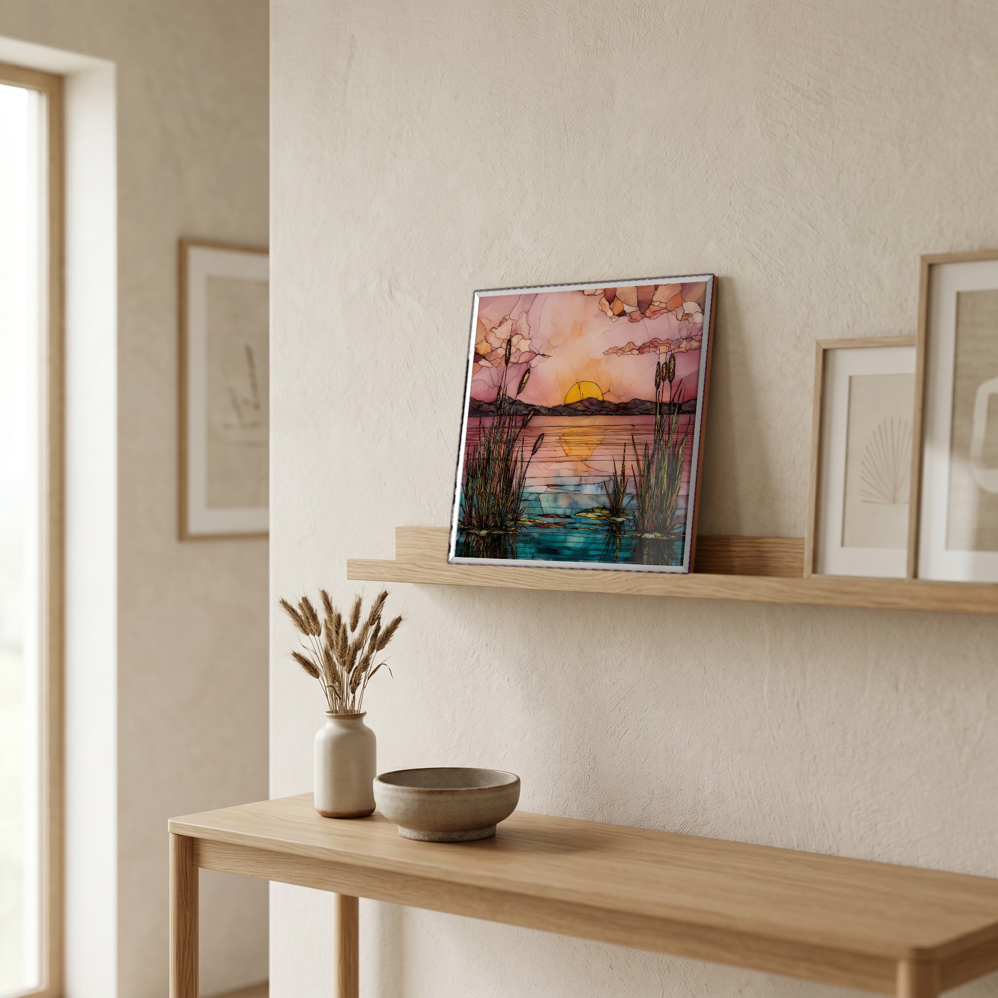 On a picture ledge, where the light comes in.