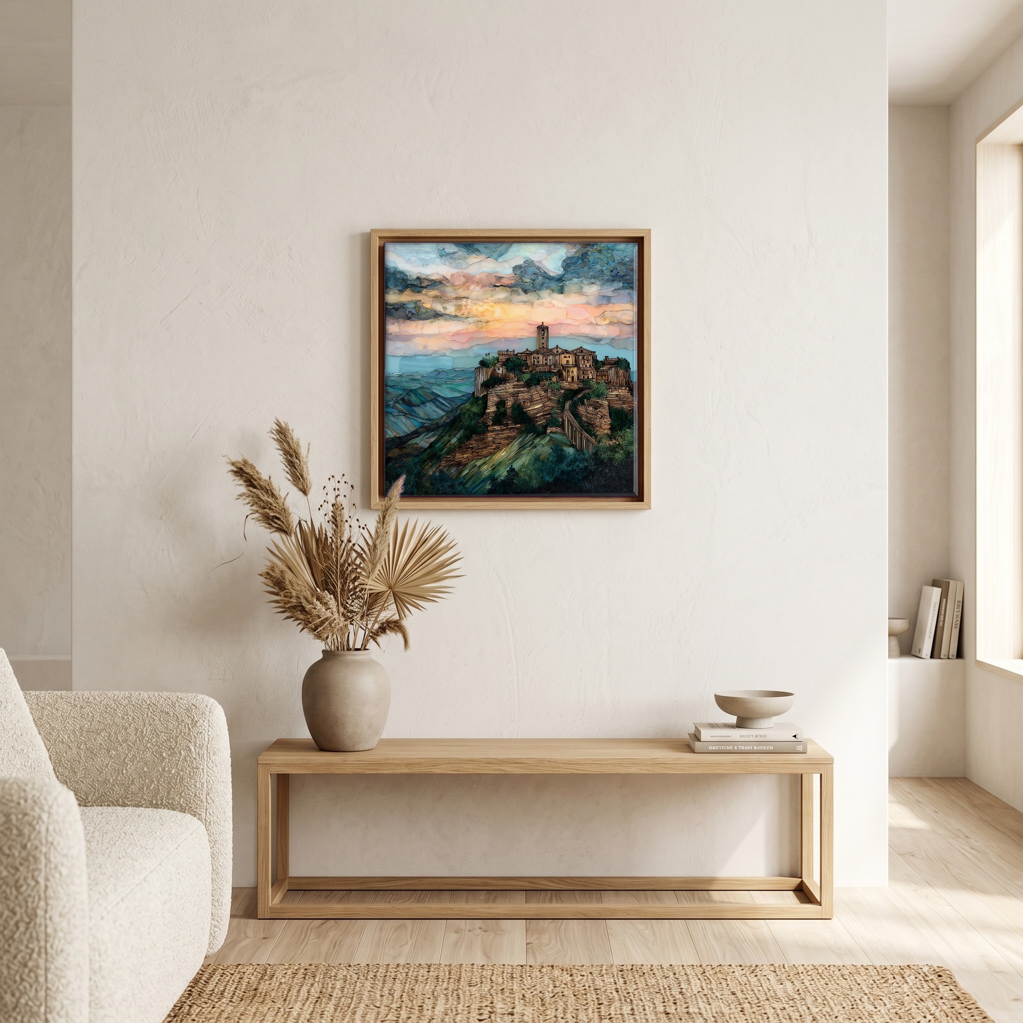 Above the bench, in a warm oak surround.
