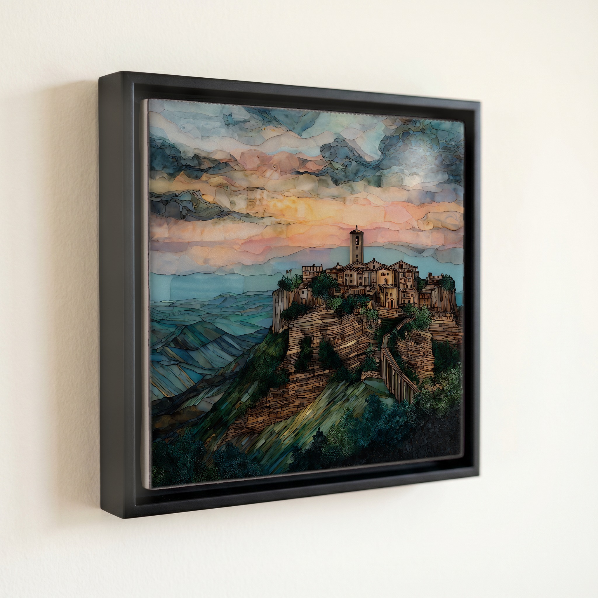 shown in a slim black floating frame · 6 × 6 in