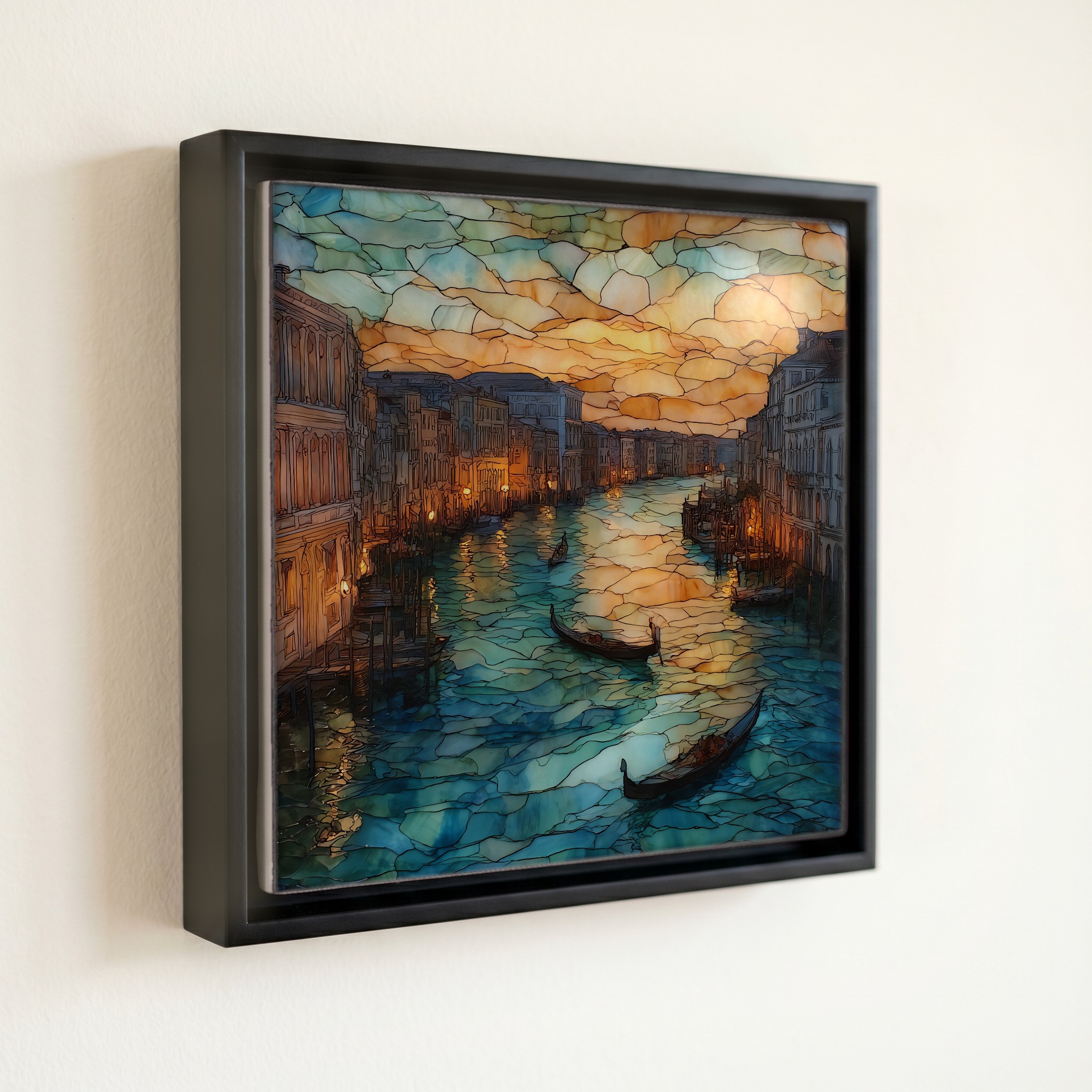 shown in a slim black floating frame · 6 × 6 in