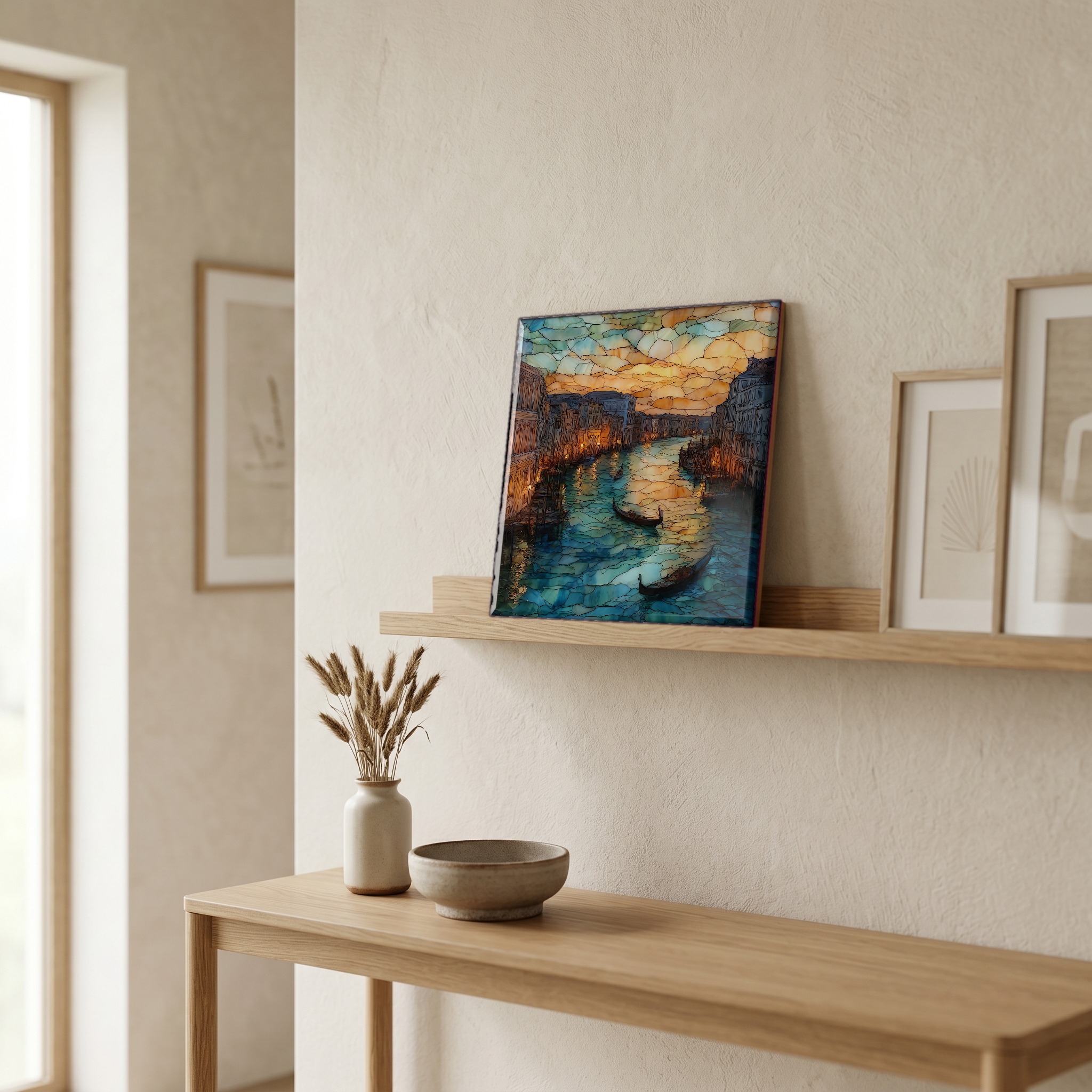 On a picture ledge, where the light comes in.