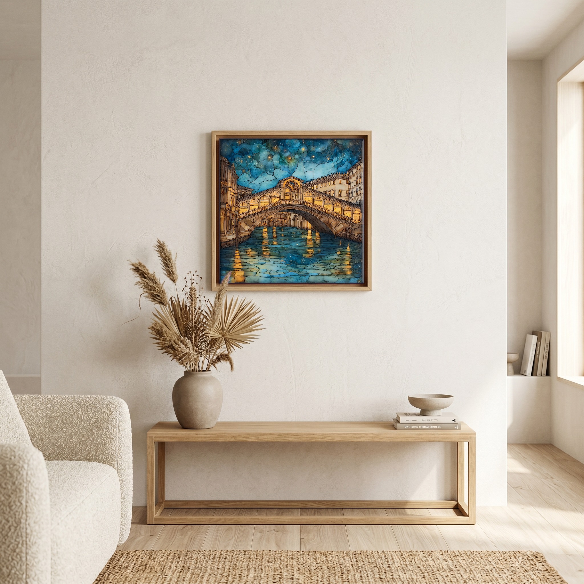 Above the bench, in a warm oak surround.