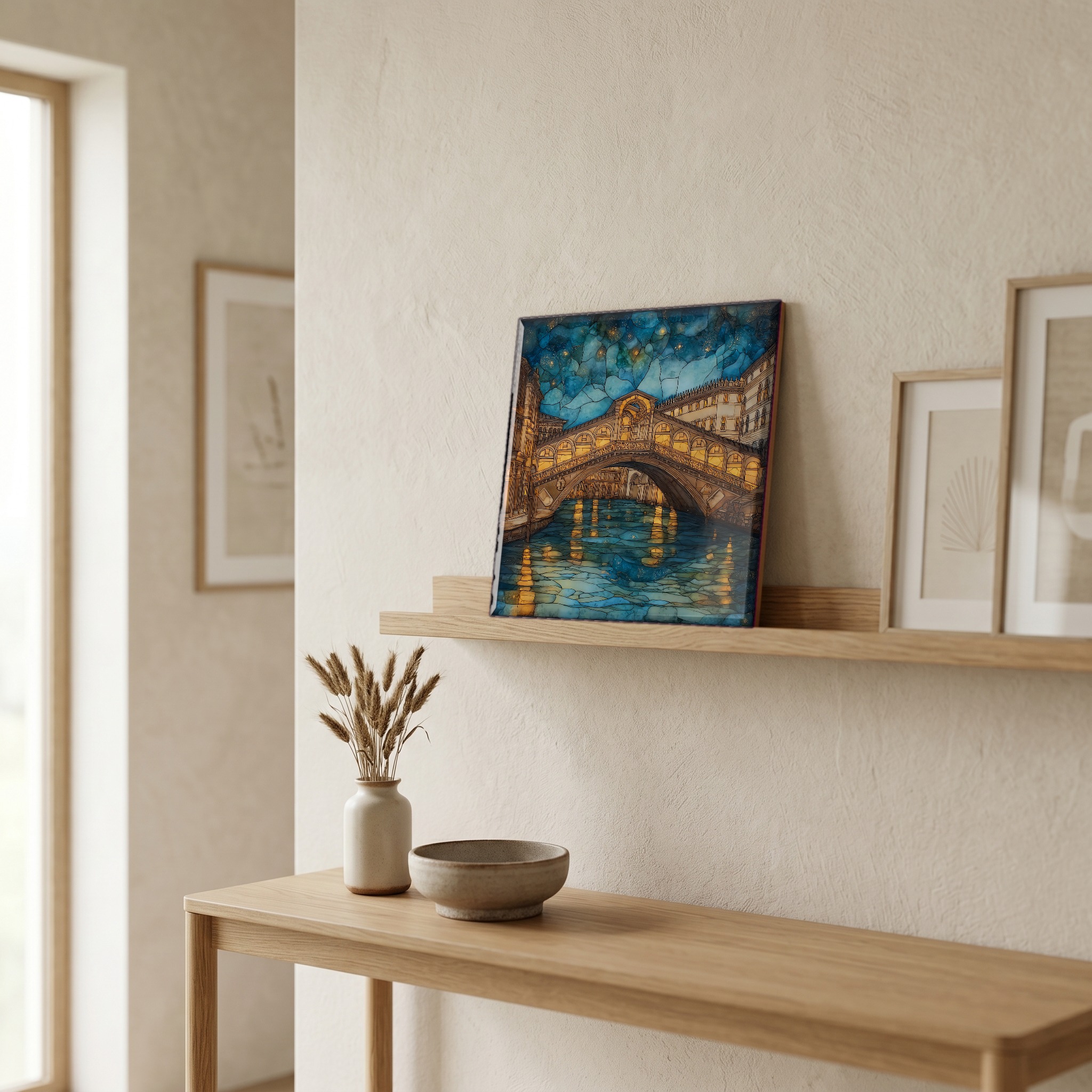 On a picture ledge, where the light comes in.