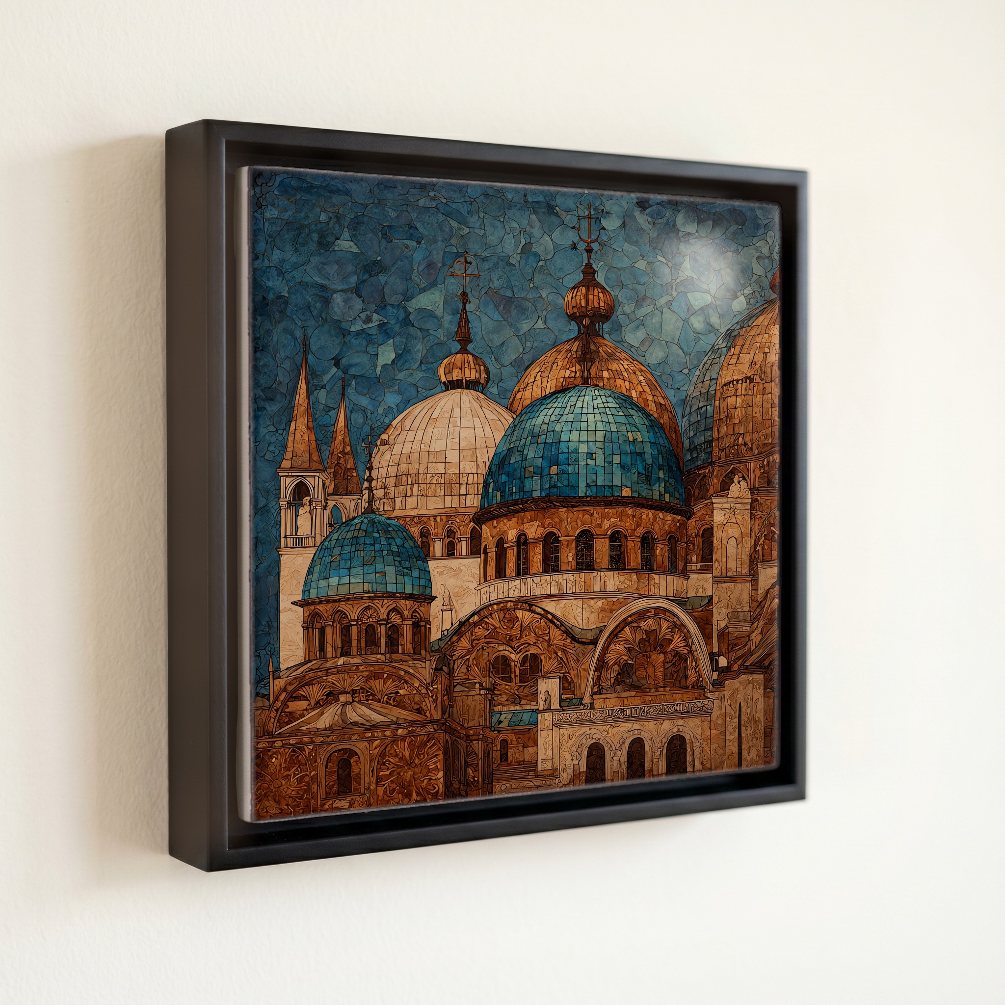 shown in a slim black floating frame · 6 × 6 in
