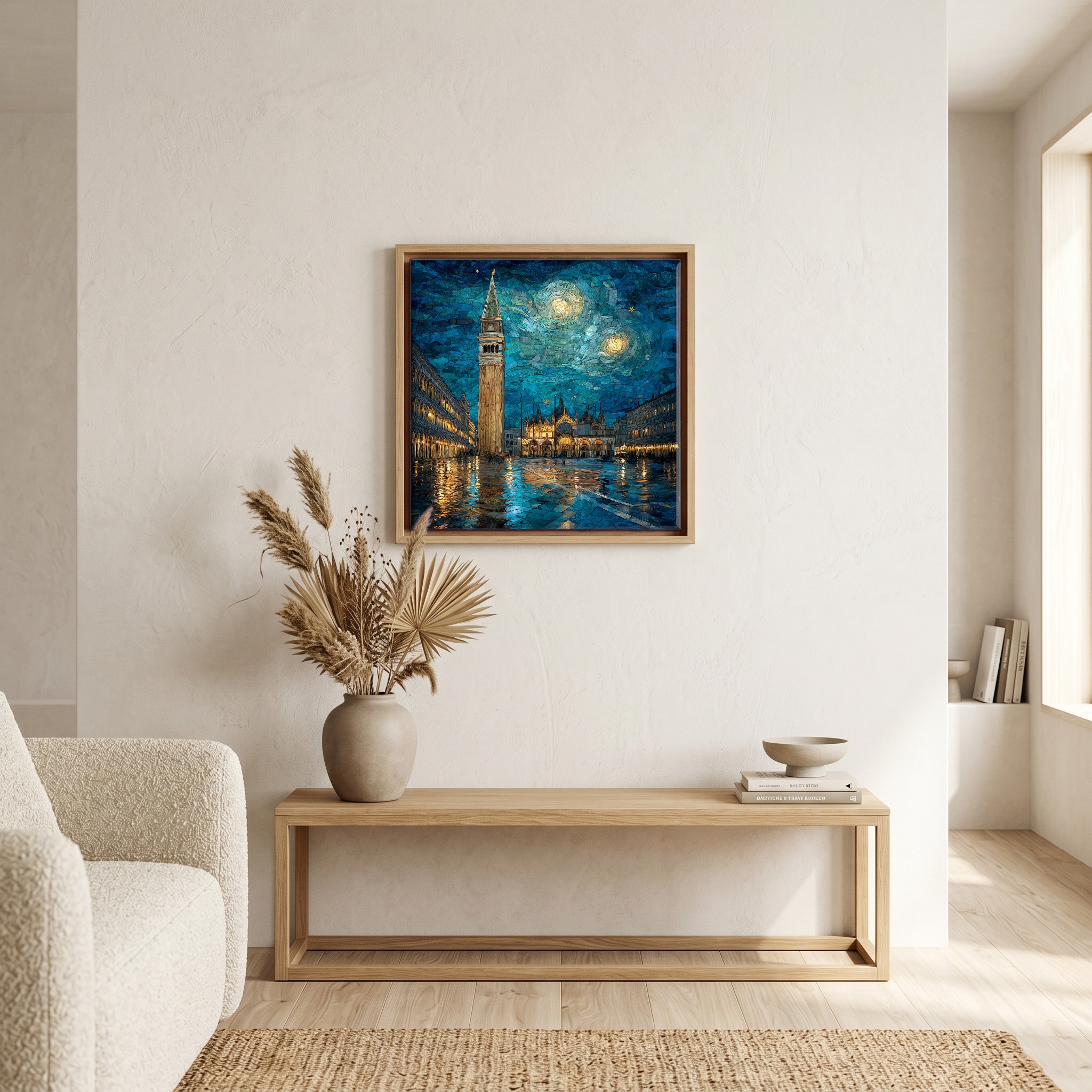 Above the bench, in a warm oak surround.