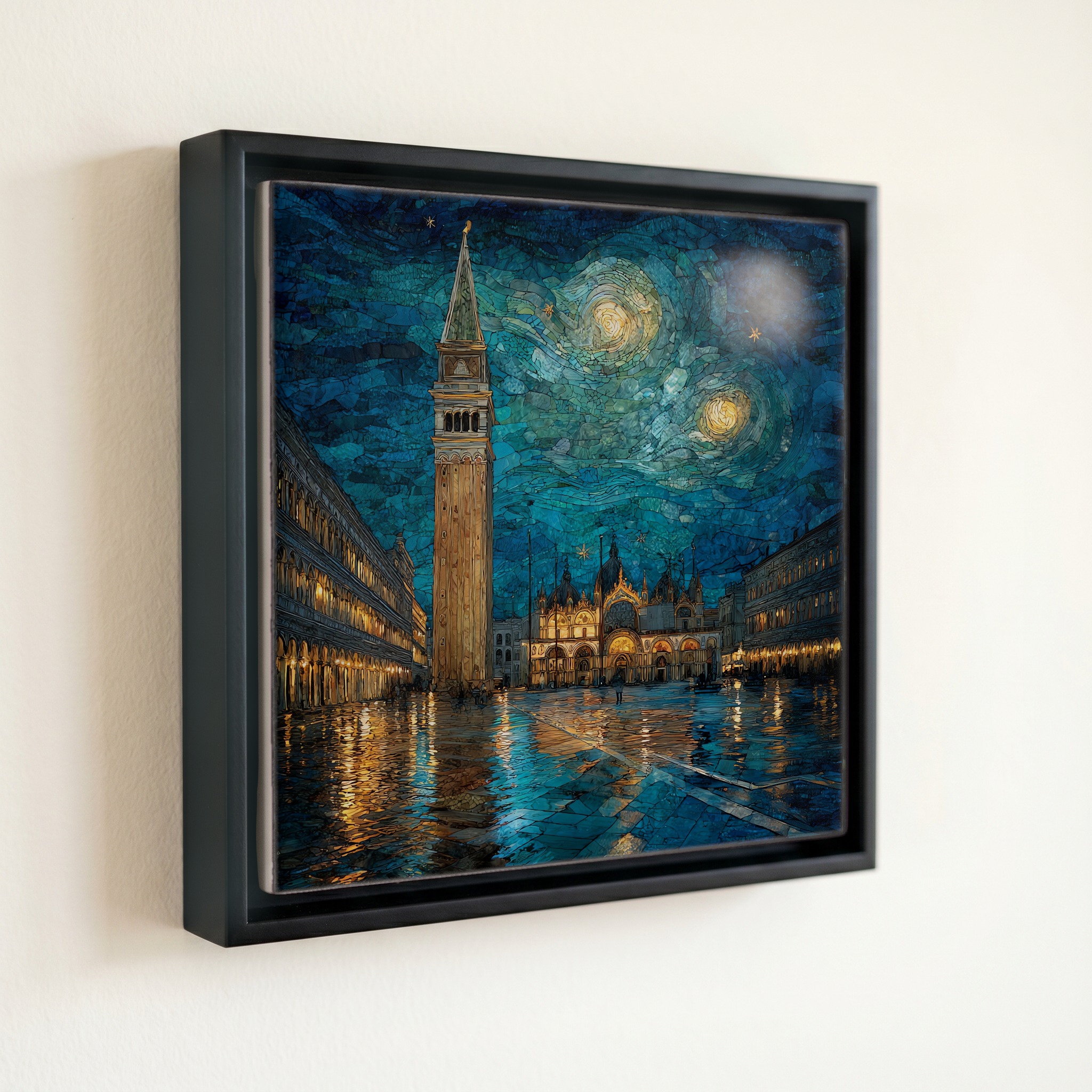 shown in a slim black floating frame · 6 × 6 in