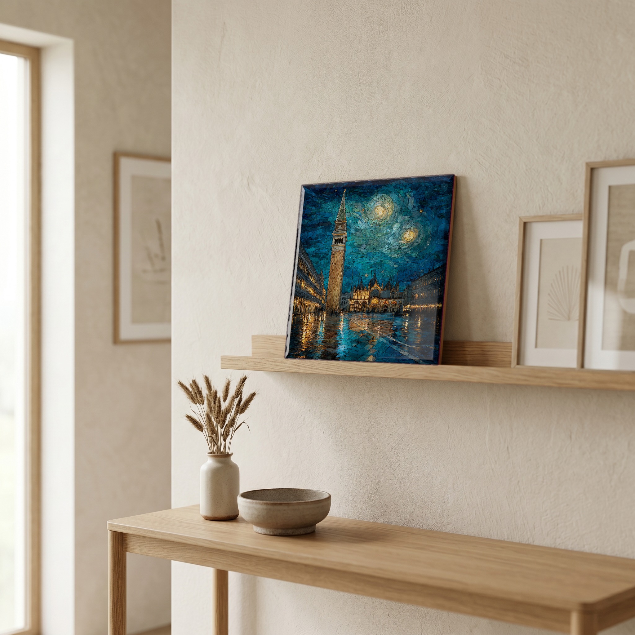 On a picture ledge, where the light comes in.