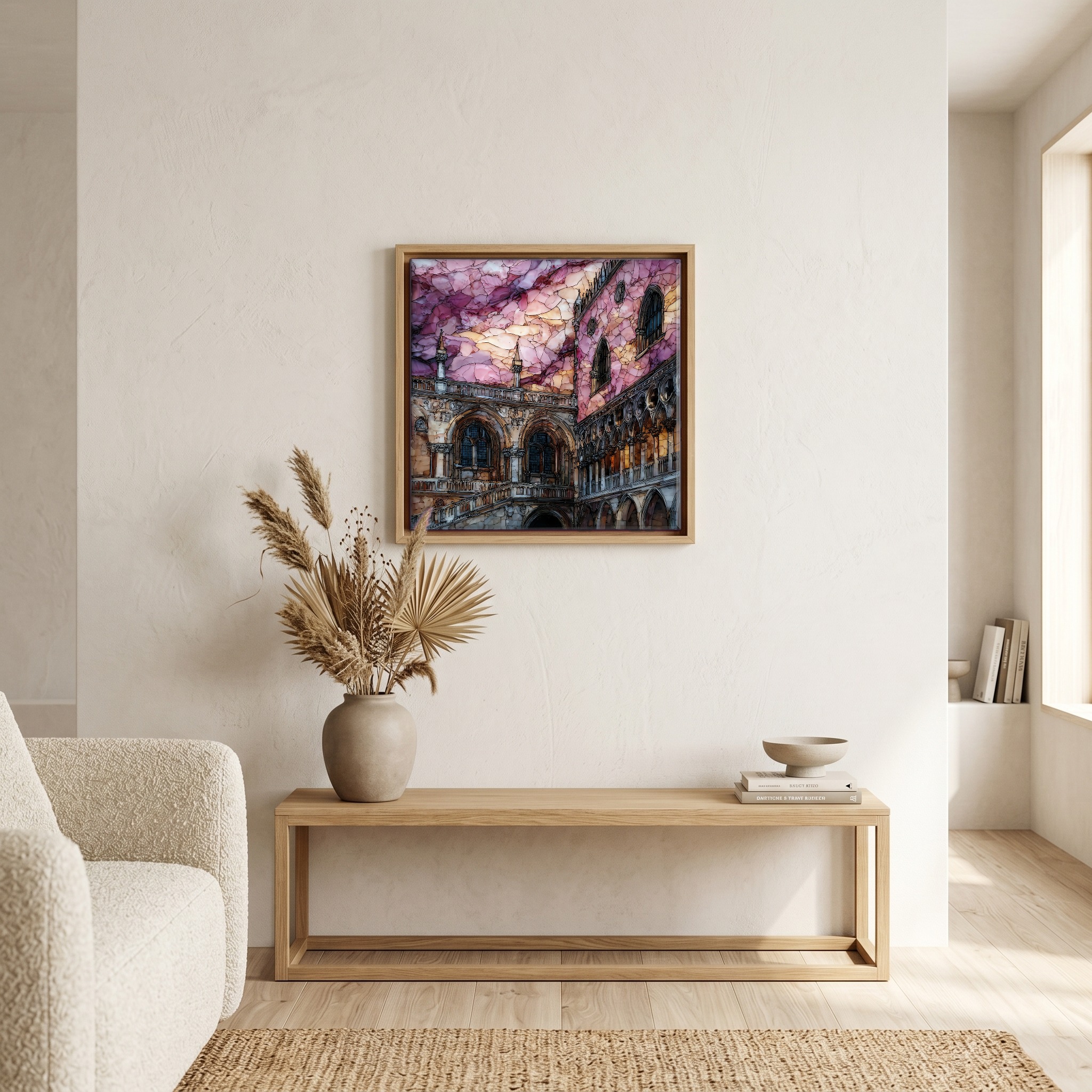 Above the bench, in a warm oak surround.