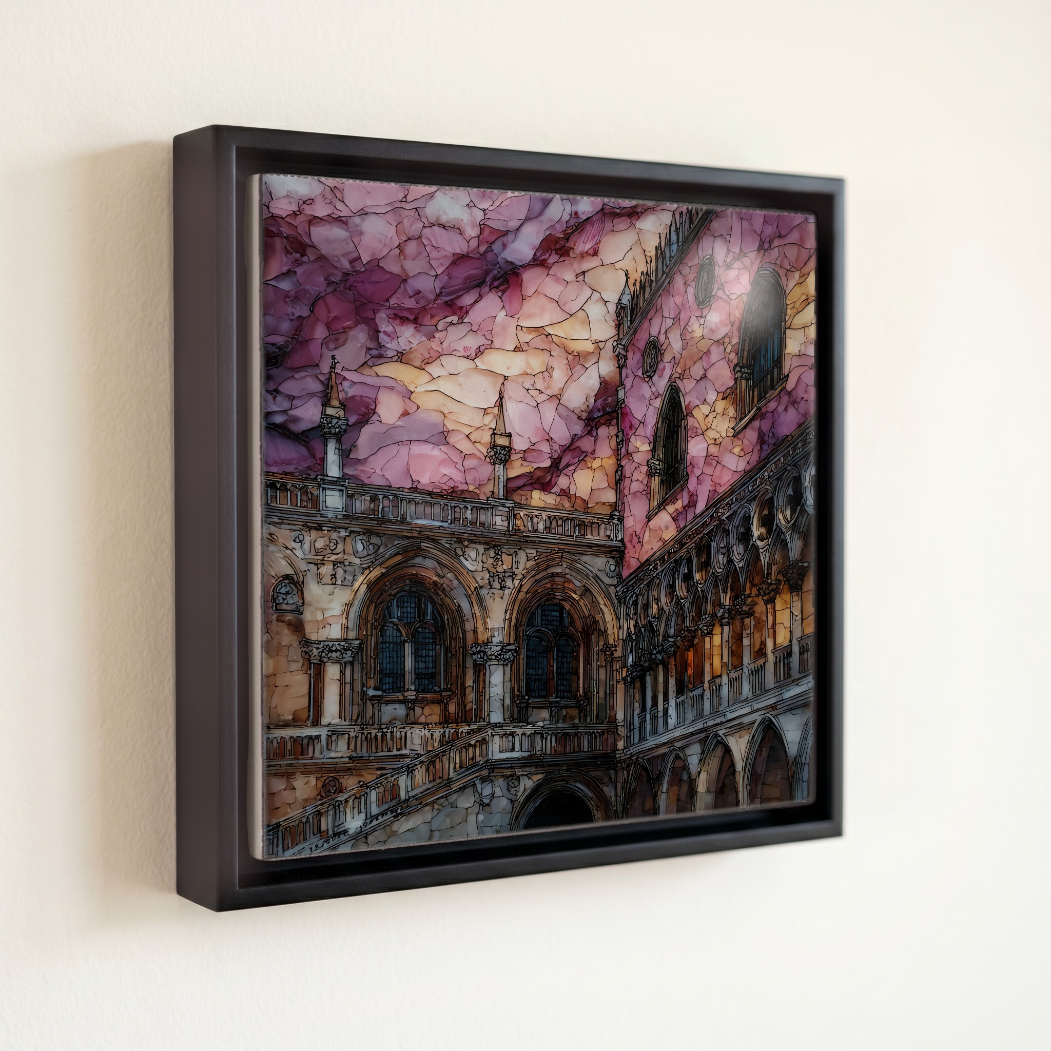 shown in a slim black floating frame · 6 × 6 in