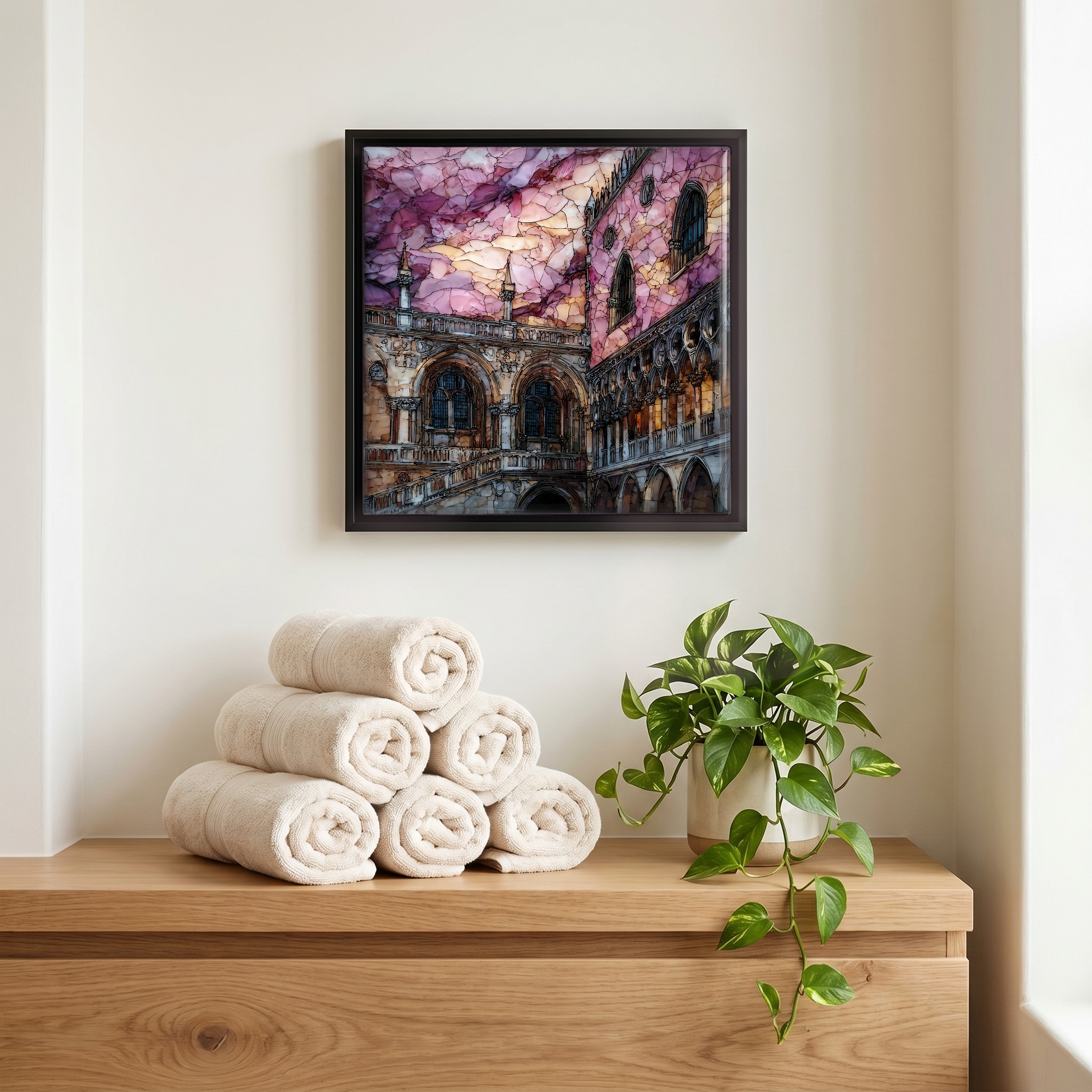 Above the linens, in a slim black surround.