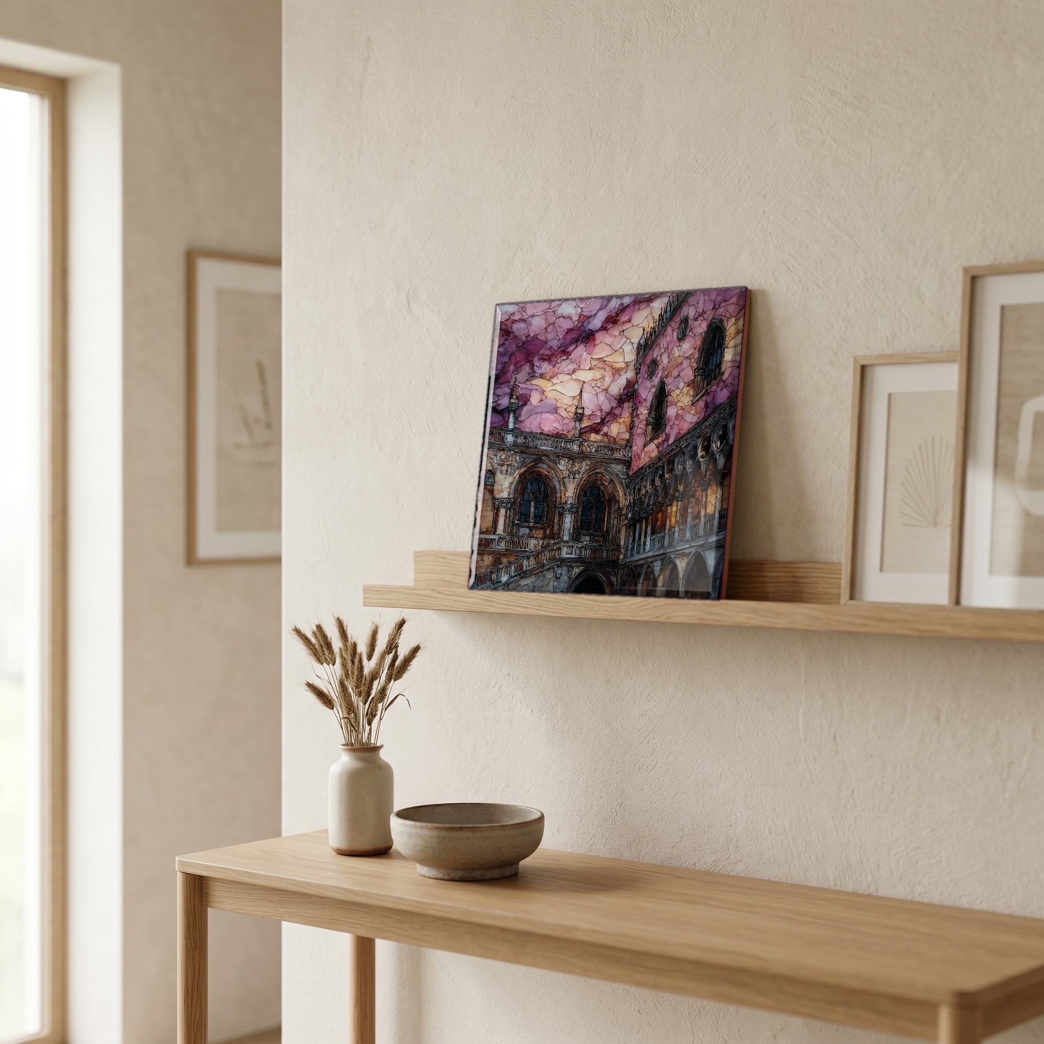 On a picture ledge, where the light comes in.