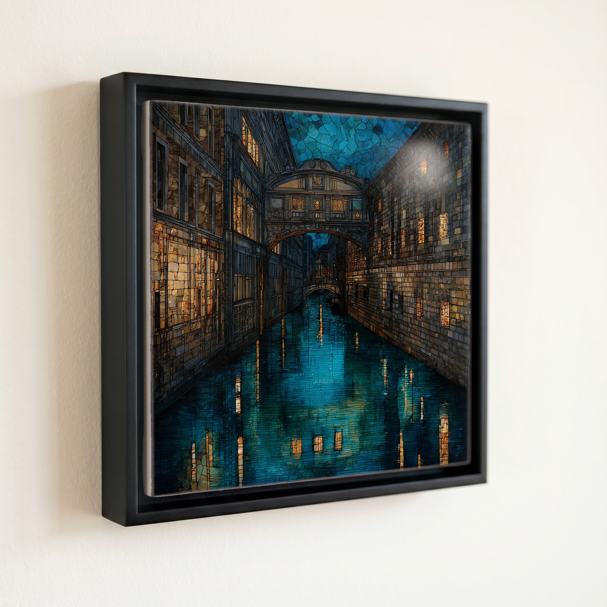 shown in a slim black floating frame · 6 × 6 in