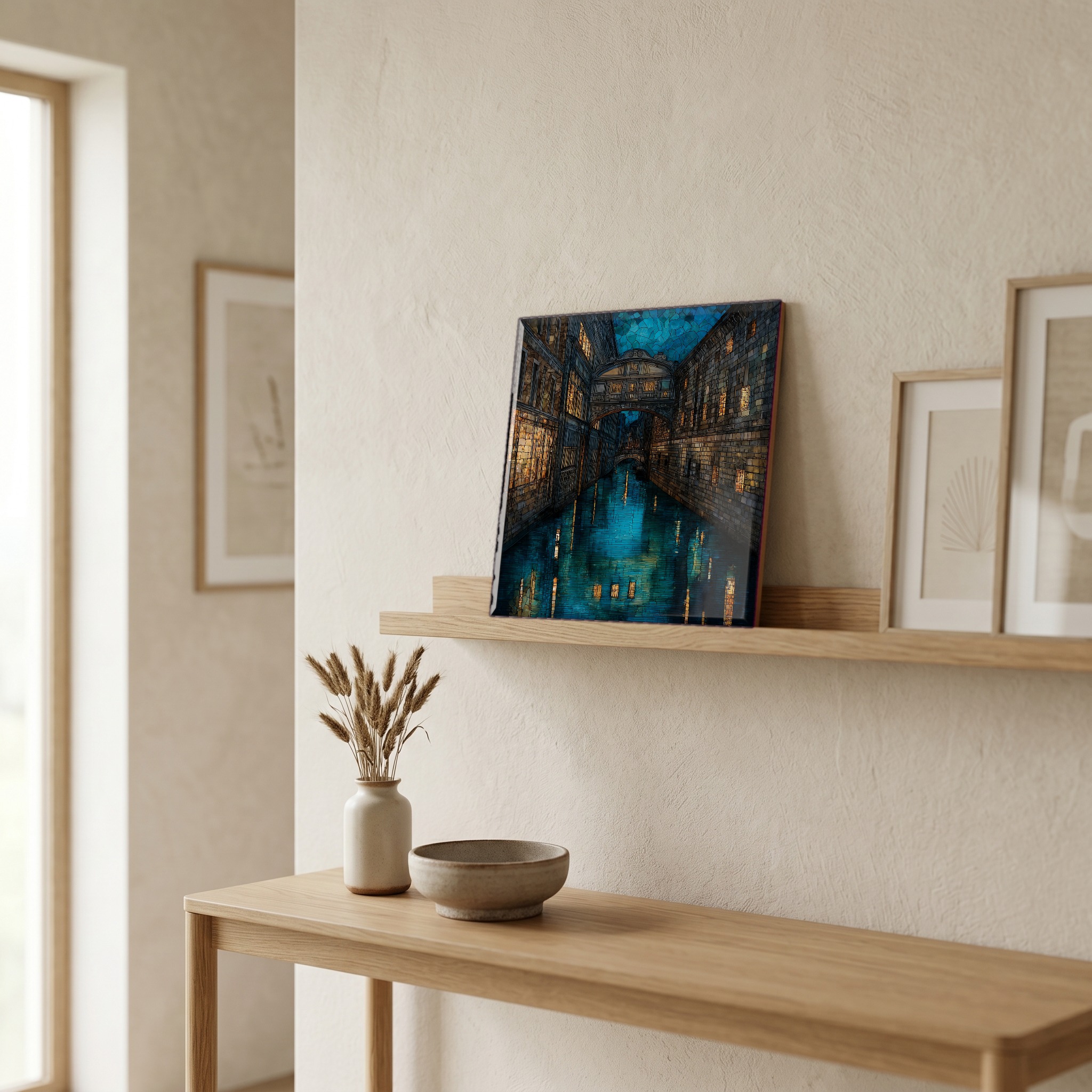 On a picture ledge, where the light comes in.