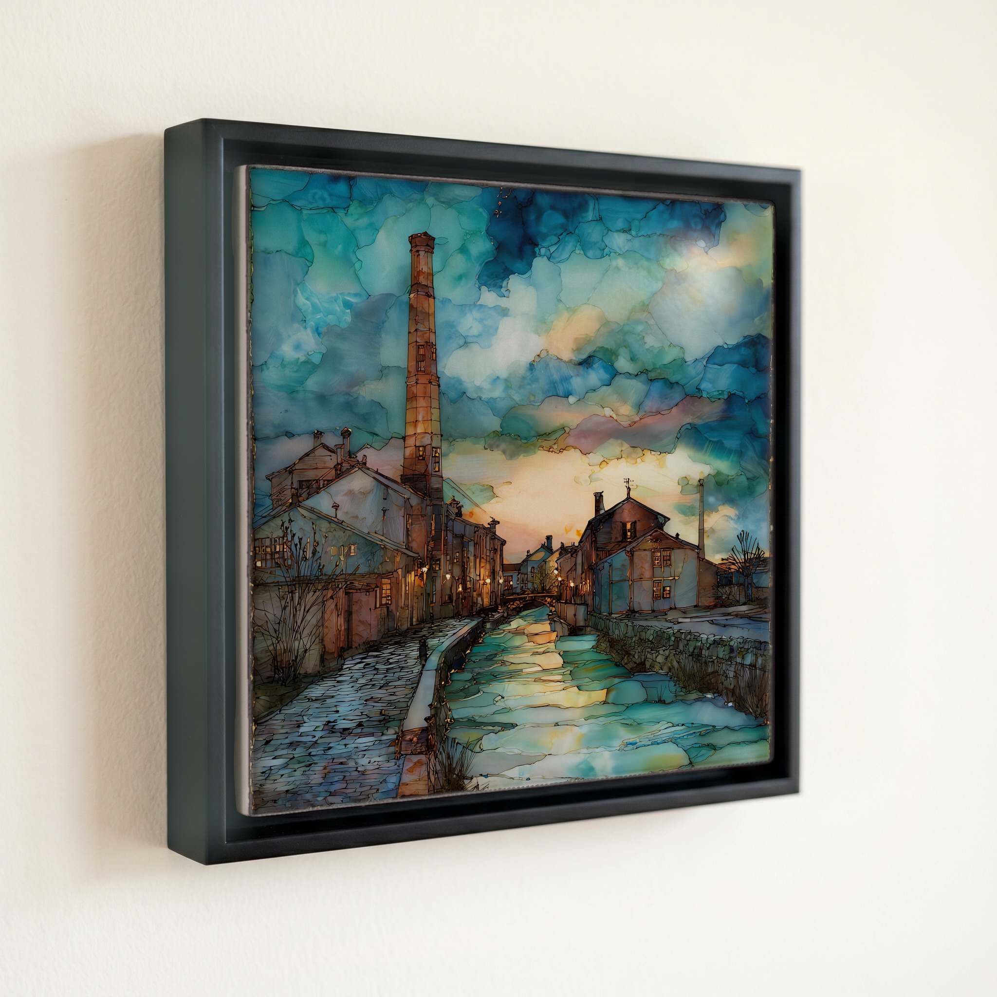 shown in a slim black floating frame · 6 × 6 in