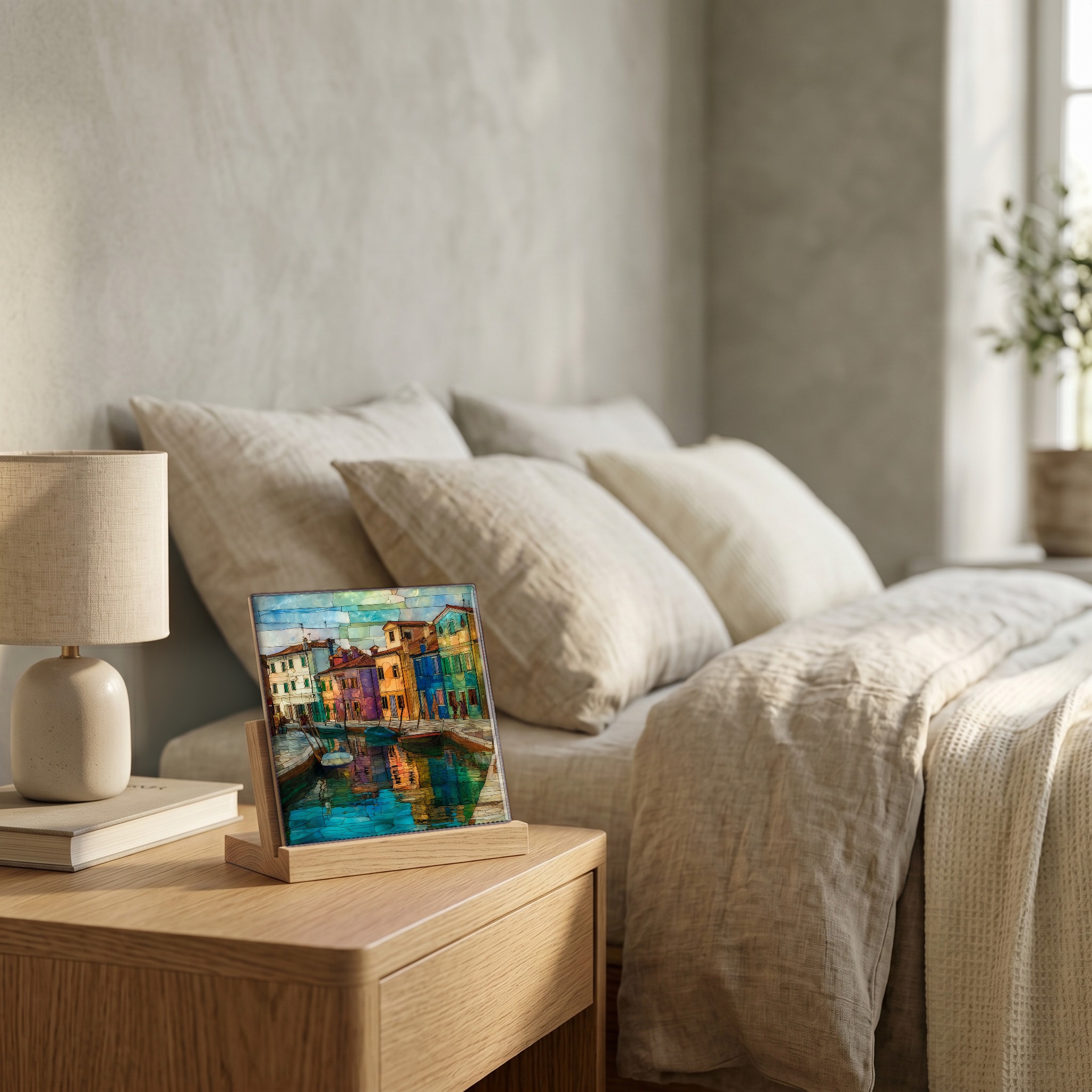 On the nightstand, on a light oak stand.