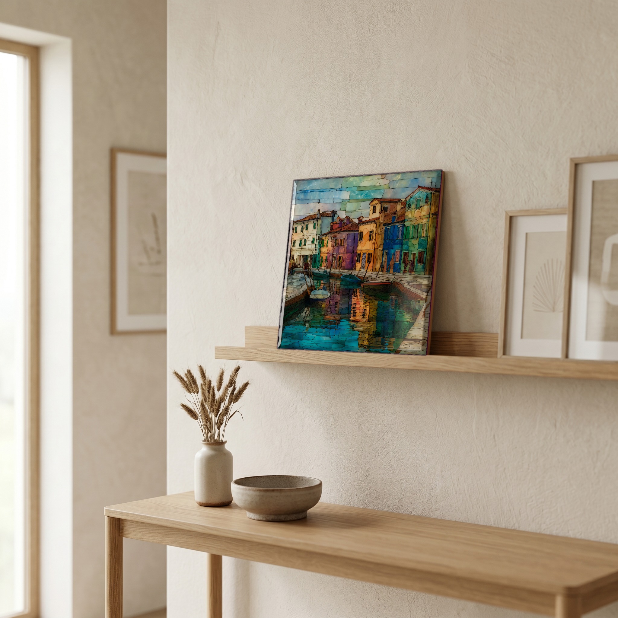 On a picture ledge, where the light comes in.